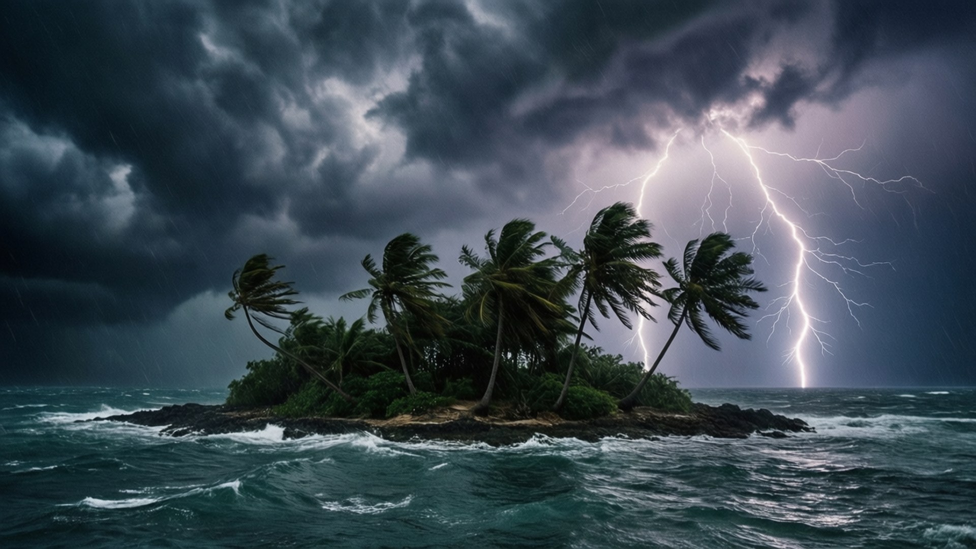 Storm Island Fury 壁紙 — 一個小型熱帶島嶼上有棕櫚樹，在暴風雨的天空下，閃電猛烈地劈下，它依然屹立不搖。