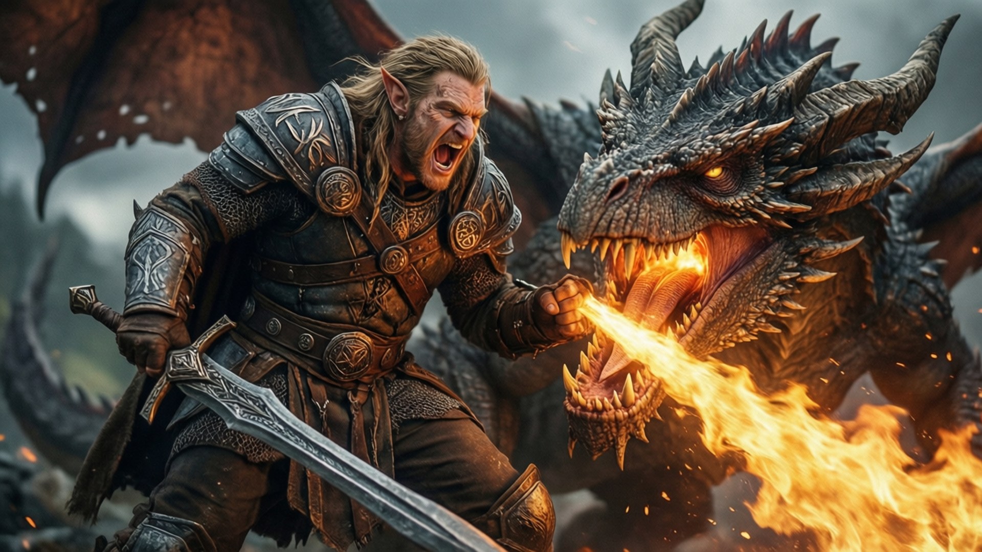 Dragonborn's Fury 壁紙 — 一個兇猛的長髮裝甲戰士在暴風雨中面對一條噴火巨龍時咆哮。