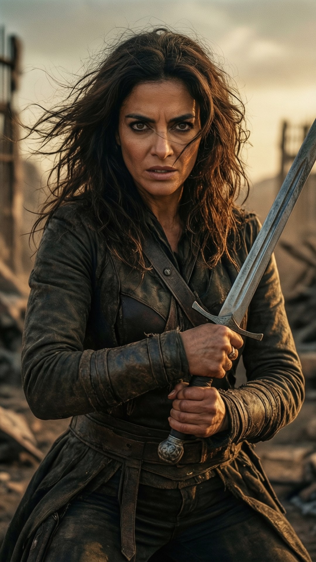 Bernice Fierce Warrior 壁紙 — 一個凶猛的女戰士，擁有狂野的黑髮，在金色夕陽下的廢墟戰場中緊緊握住劍，蹲伏著。