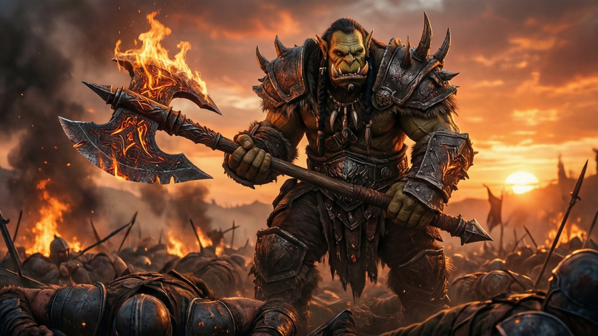 Blade And Sorcery 桌布 壁紙 — 一個兇猛的獸人戰士在日落戰場上揮舞著火焰斧頭，周圍是倒下的士兵。