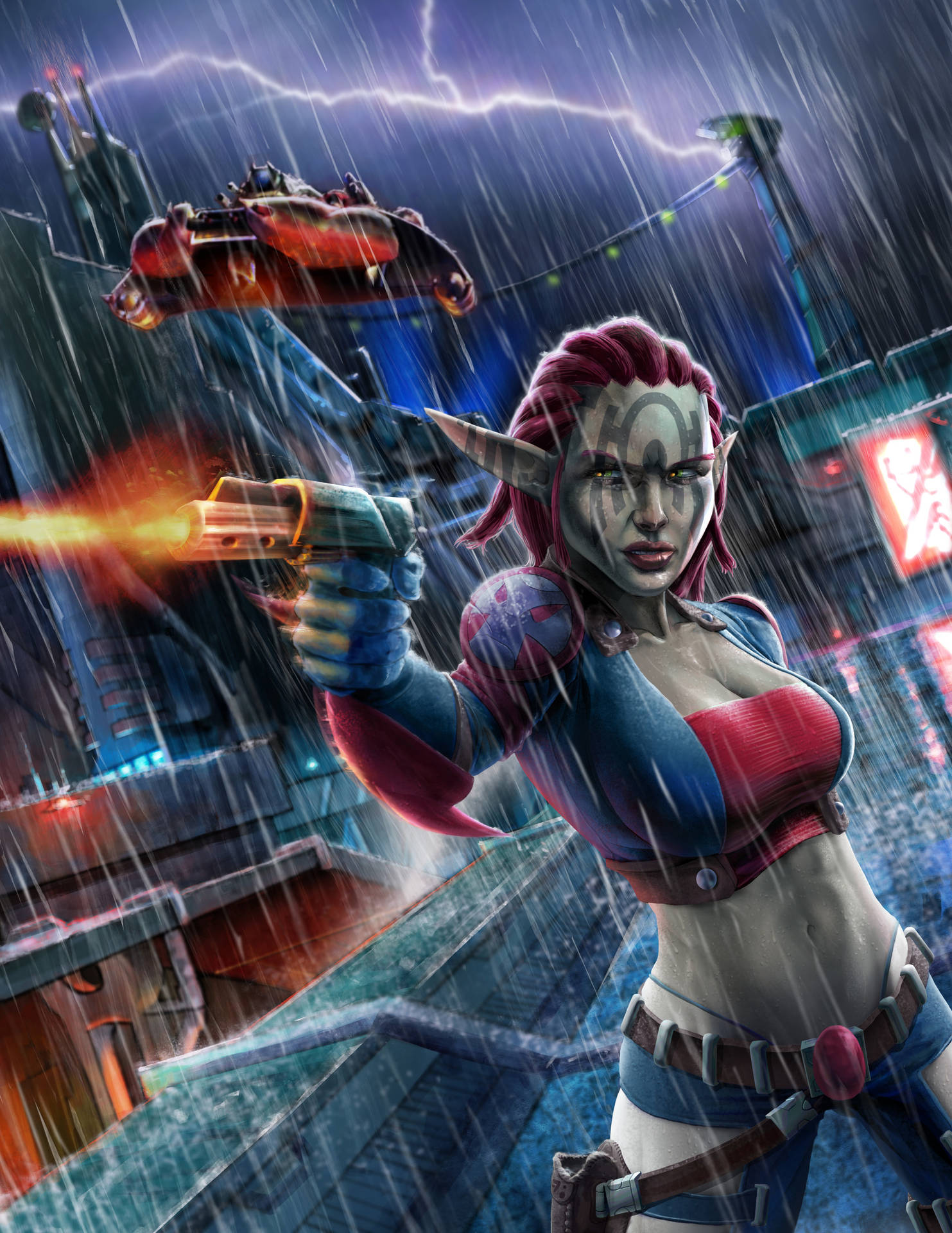 外星女人在雷電下的雨夜霓虹城市發射 blaster。 — 3D 壁紙