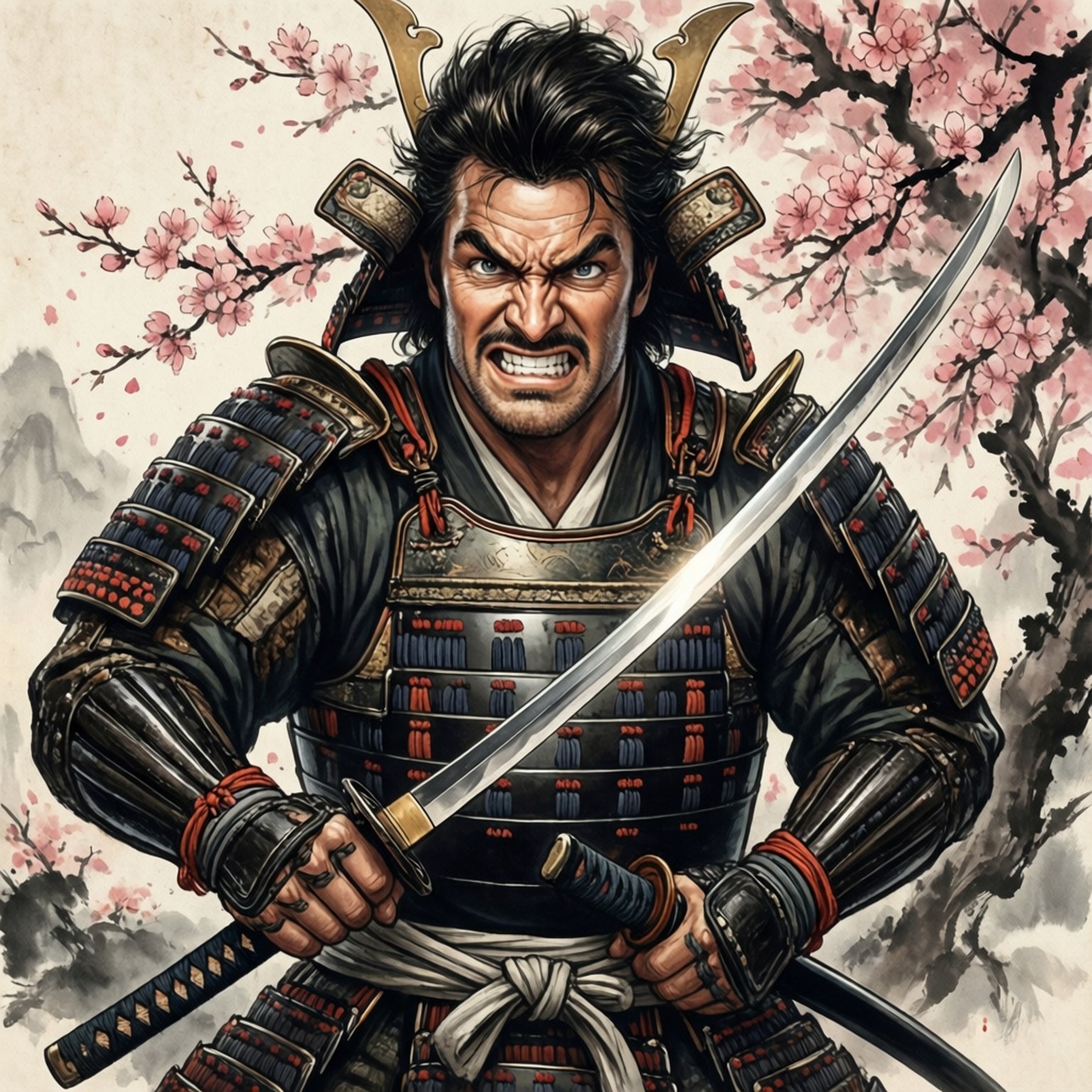 Johnny Bravo Samurai 壁紙 — 一個兇猛的武士穿著精細的盔甲，在櫻花枝下握著閃閃發光的刀。