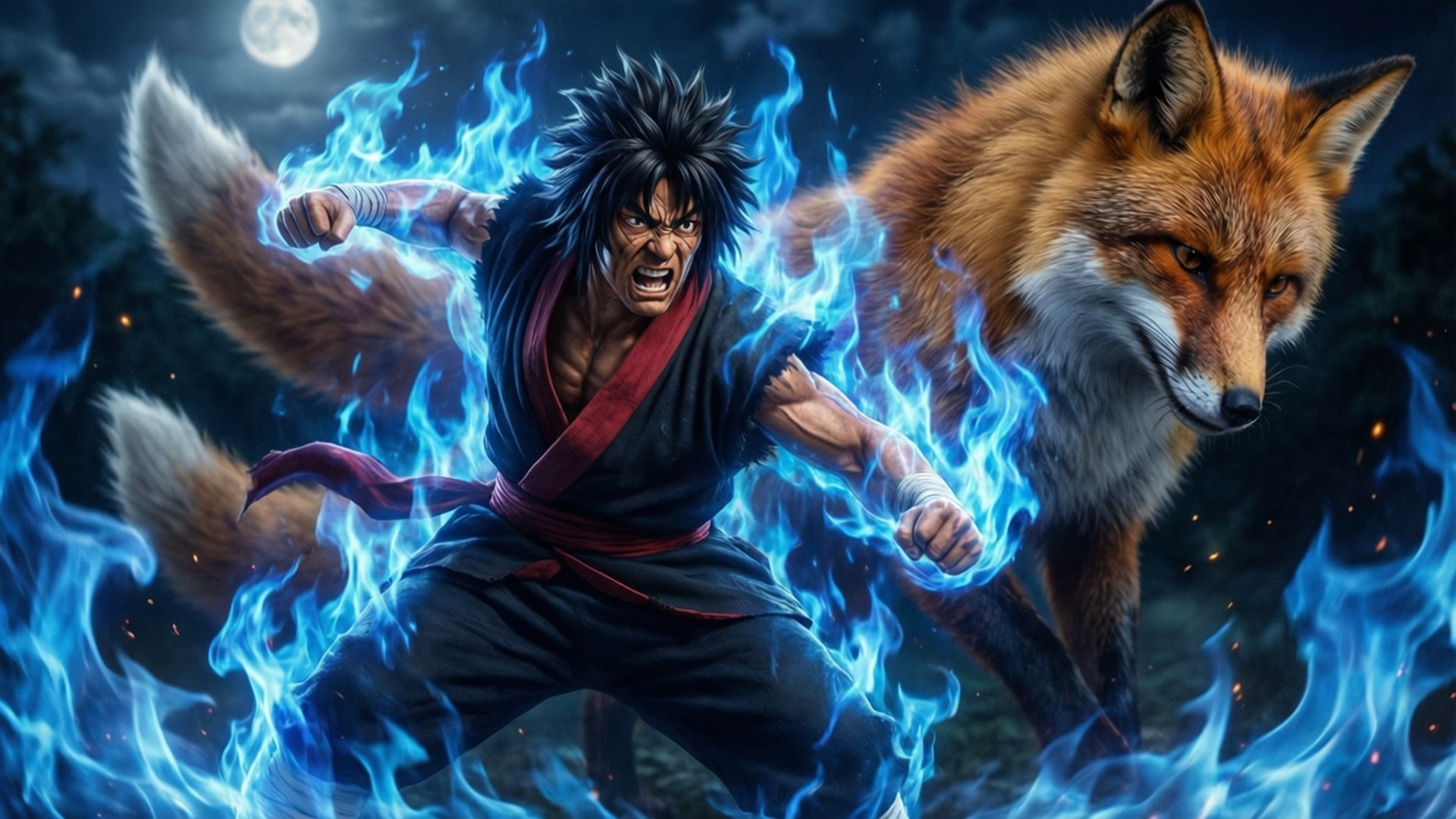 Harutora and Kon Battle 壁紙 — 一個兇猛的戰士，有著刺蝟般的黑髮和紅色腰帶，釋放出藍色火焰，而一隻九尾狐在滿月下站在他旁邊。