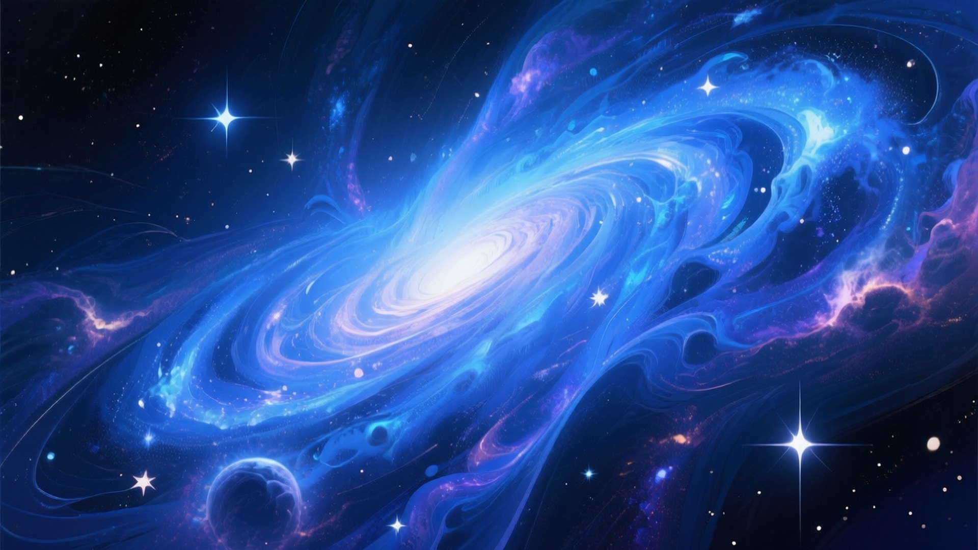 Periwinkle Cosmic Swirl 壁紙 — 一個旋轉的藍色和紫色星系，帶有明亮的星星和宇宙雲，主宰著黑暗的星空。