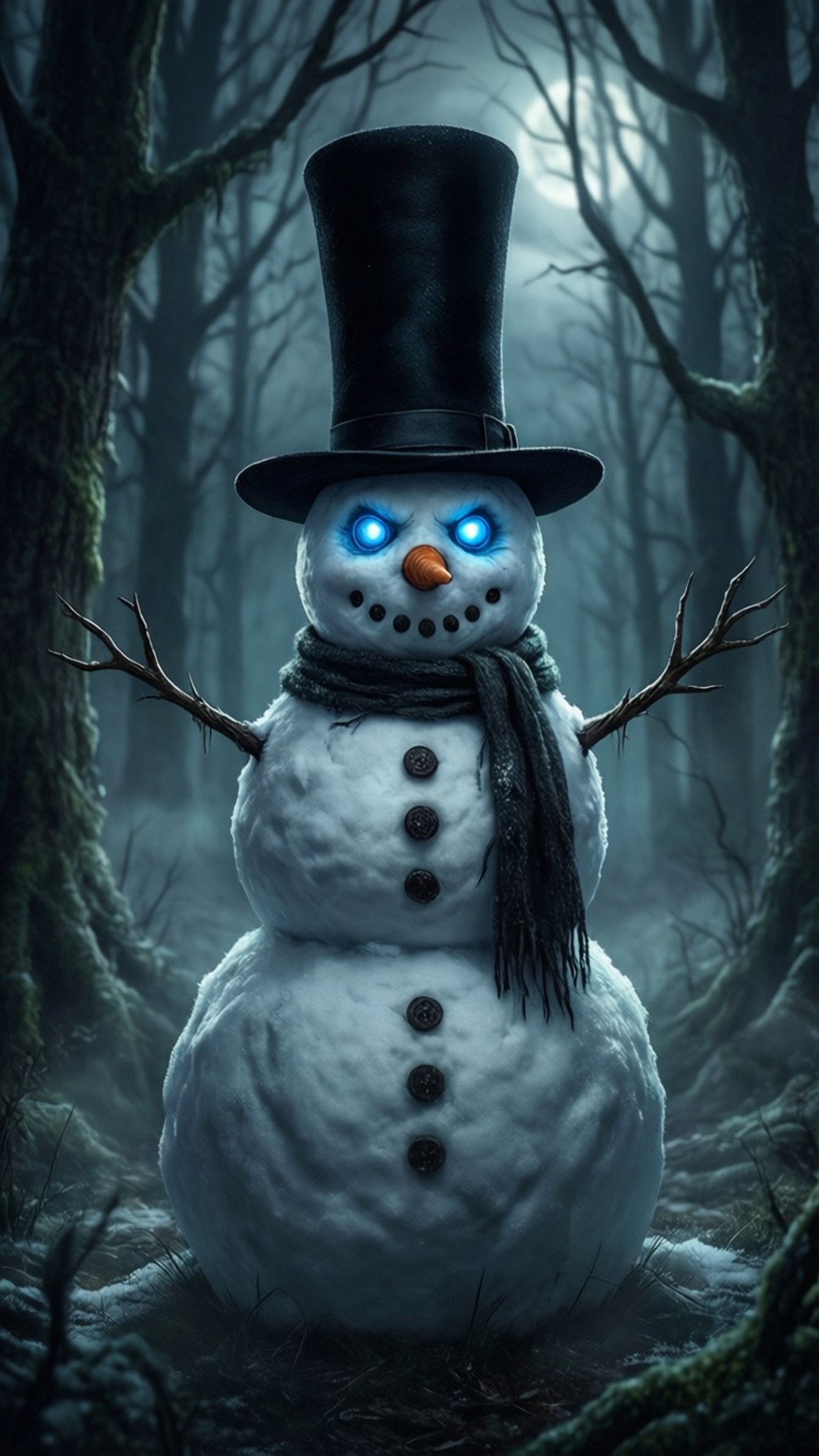 Eerie Moonlit Snowman 壁紙 — 一個雪人，有著發光的藍色眼睛和黑色高頂帽，詭異地站在霧氣瀰漫的月光森林中。