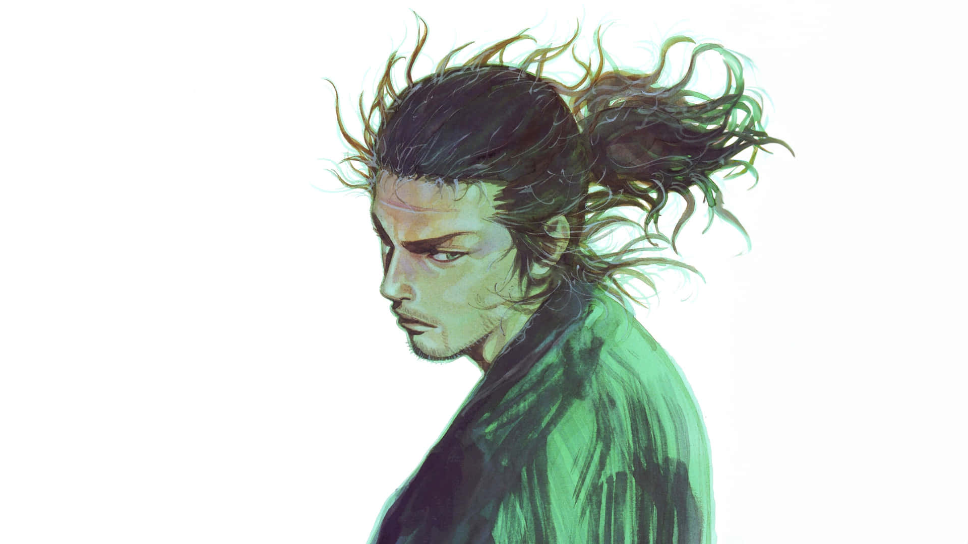  壁紙 — 一個嚴肅的動漫男人，有著狂野的深色頭髮向後紮起，穿著綠色外套，在純白色背景下強烈地凝視著。