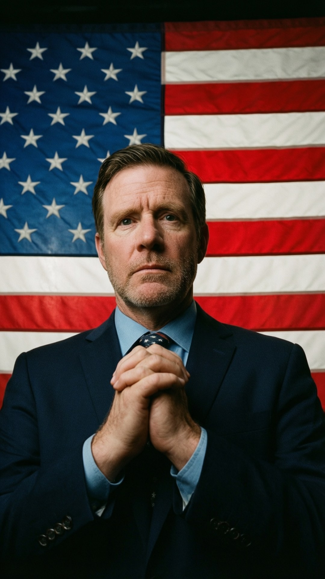 Patriotic Resolve 壁紙 — 一個嚴肅的男人穿著深色西裝，雙手交握在胸前，站在美國國旗前。