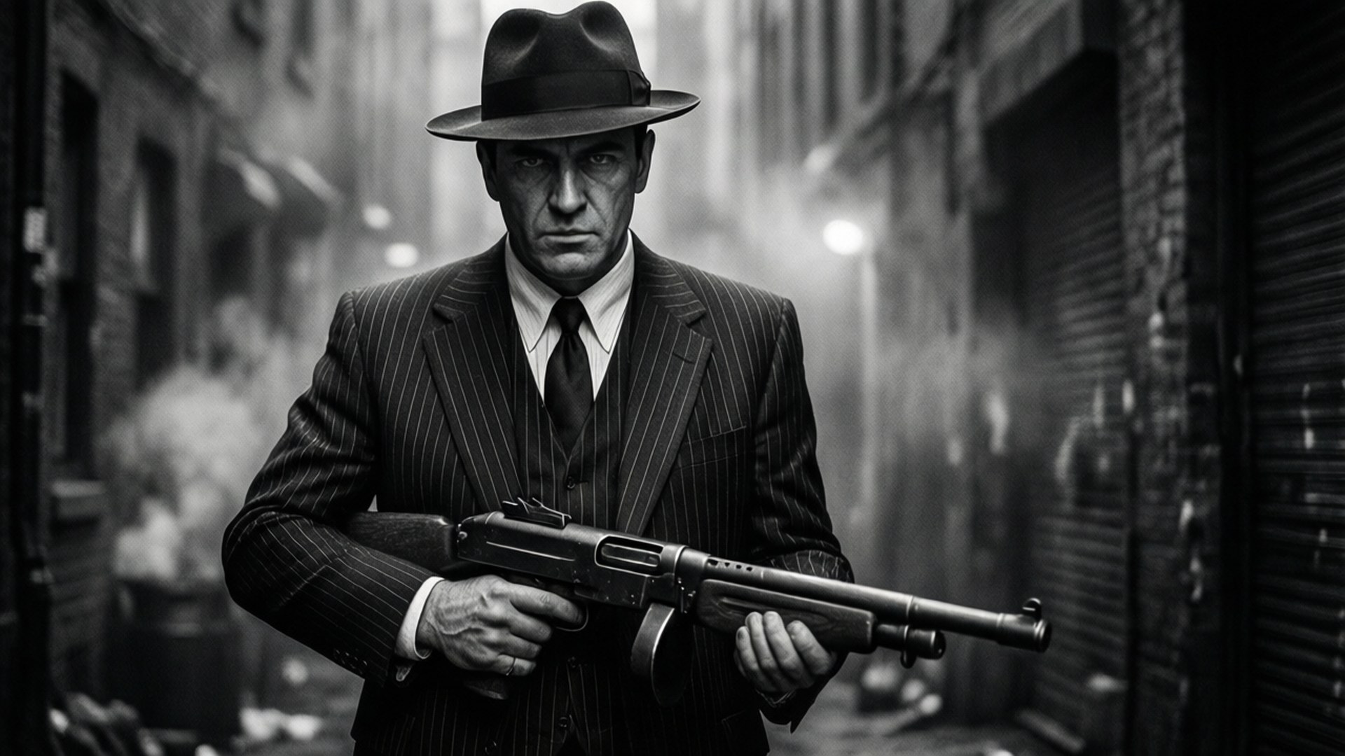 Classic Mobster Noir 壁紙 — 一個嚴肅的男人穿著細條紋西裝和軟呢帽，在昏暗的小巷裡拿著衝鋒槍。