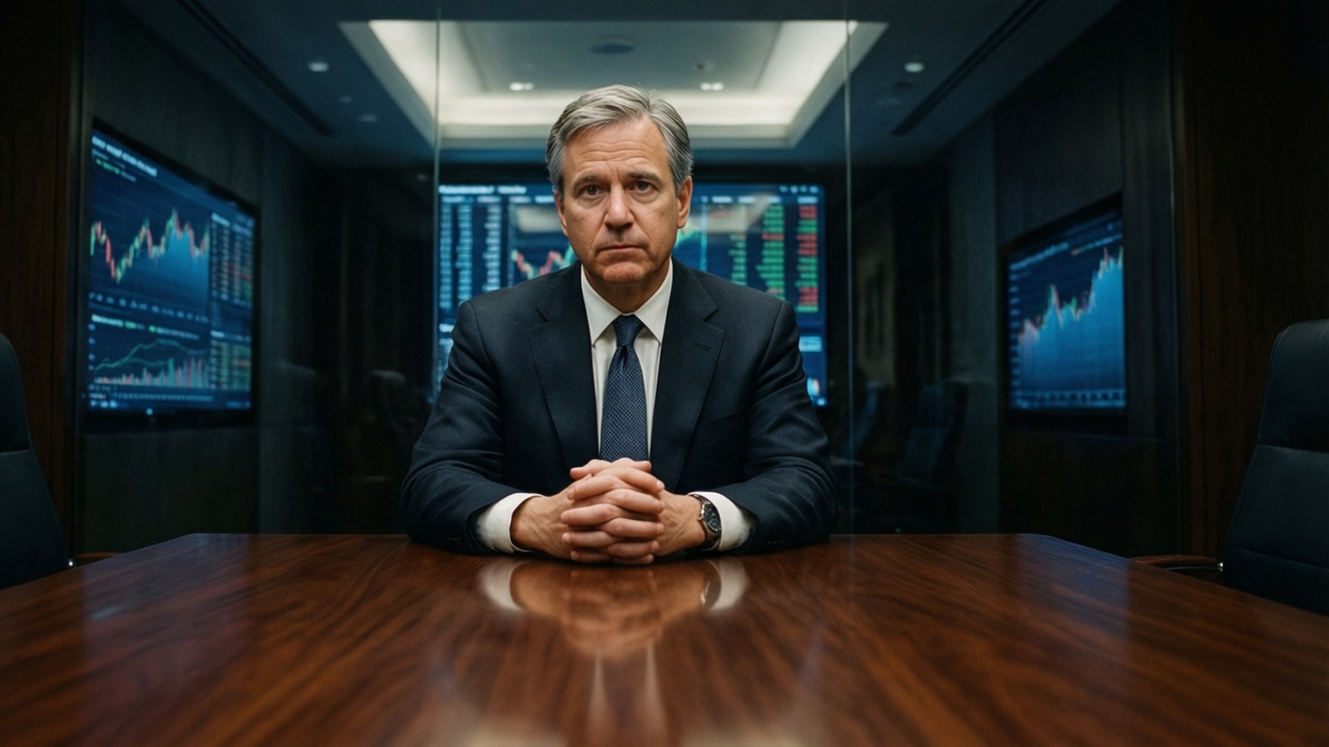Jamie Dimon 桌布 壁紙 — 一個嚴肅的男人穿著西裝，坐在一張拋光木桌前，身後是一個高科技交易室，螢幕上顯示著發光的金融圖表。