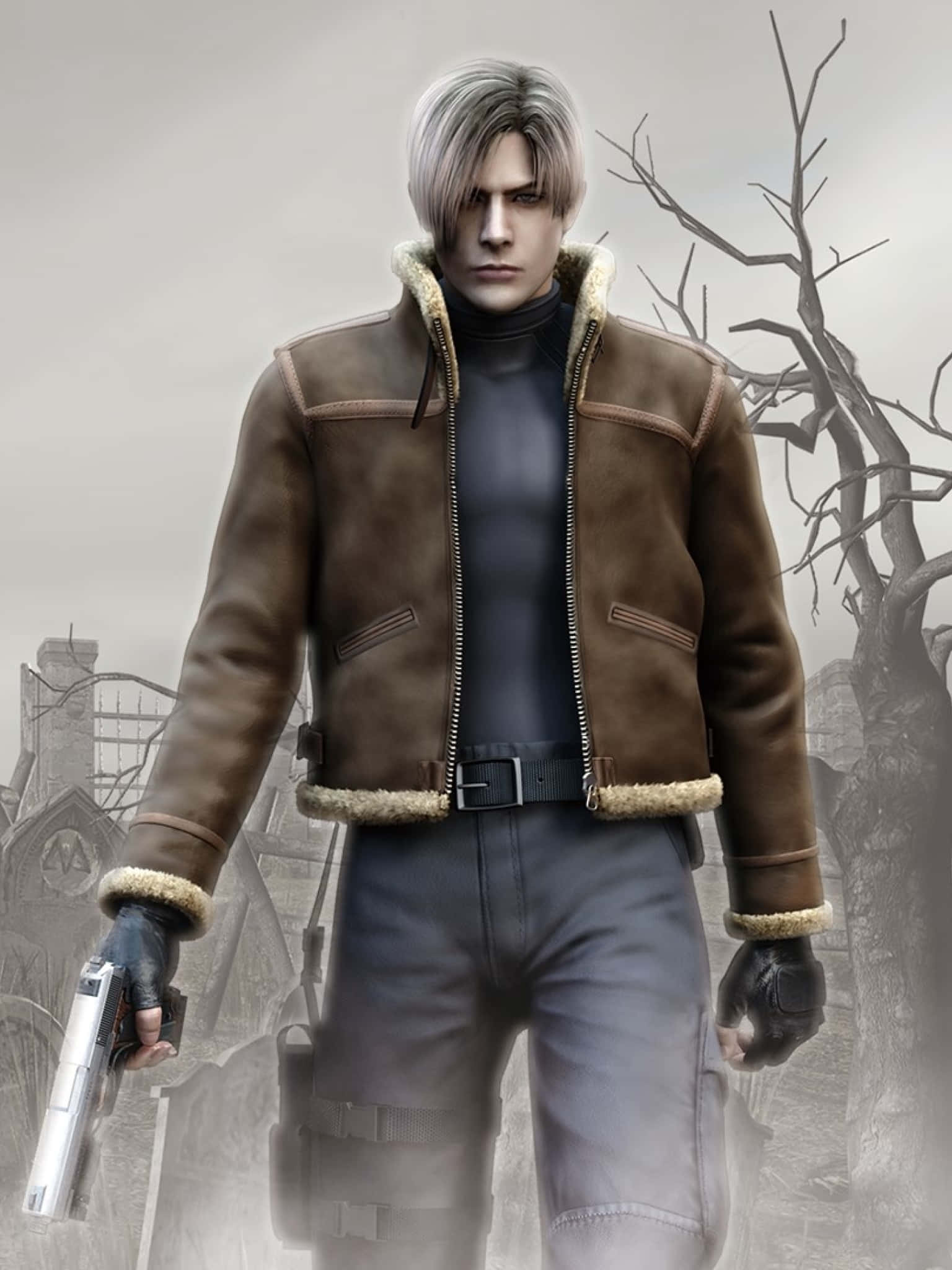 leon s kennedy 桌布 壁紙 — 一個嚴肅的男人穿著棕色羊羔皮夾克，在光禿禿的樹木和廢墟建築的荒涼背景下握著一把手槍。