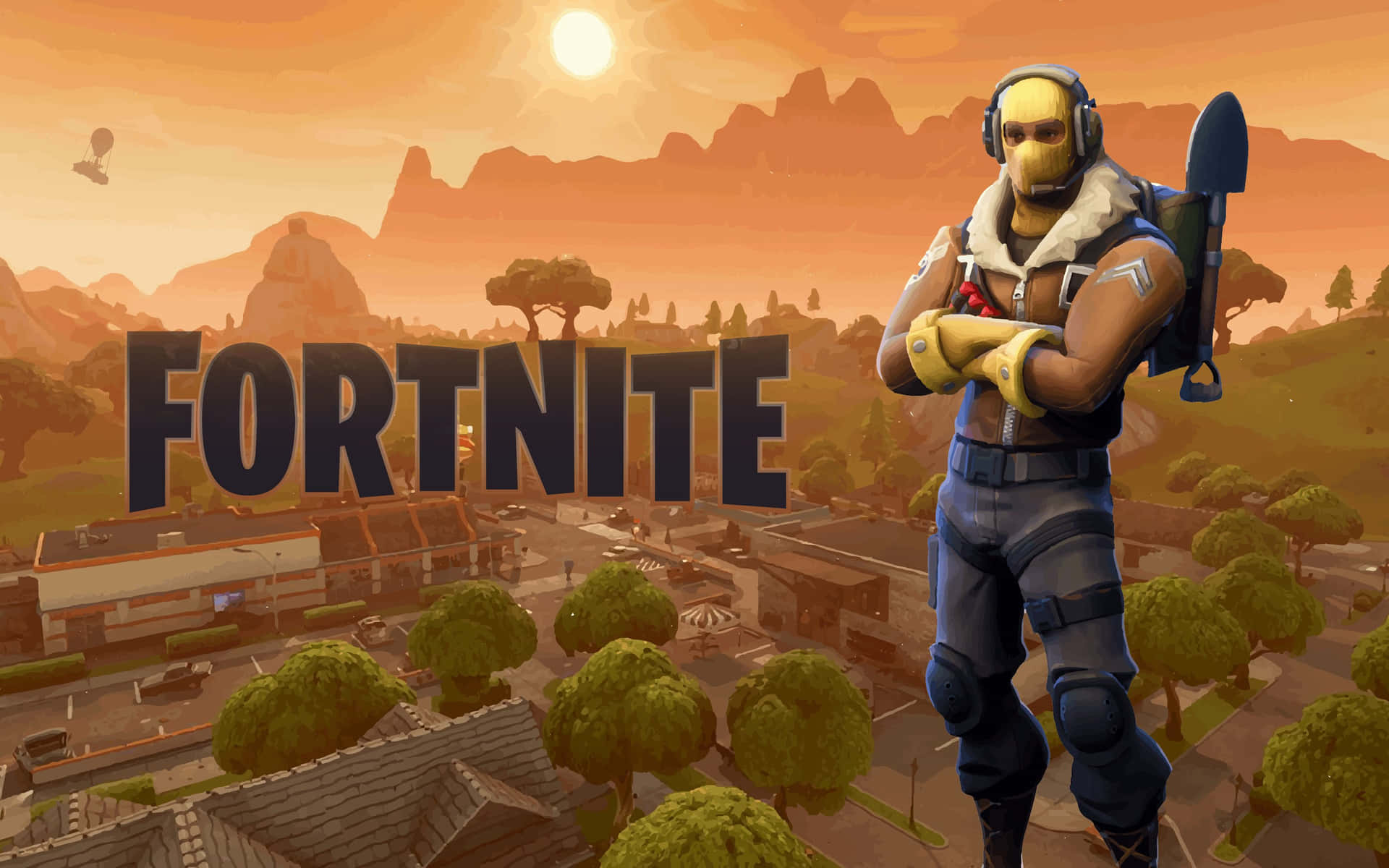 《要塞英雄》角色在夕陽小鎮中，背景有山脈和遊戲標誌 — Fortnite 壁紙