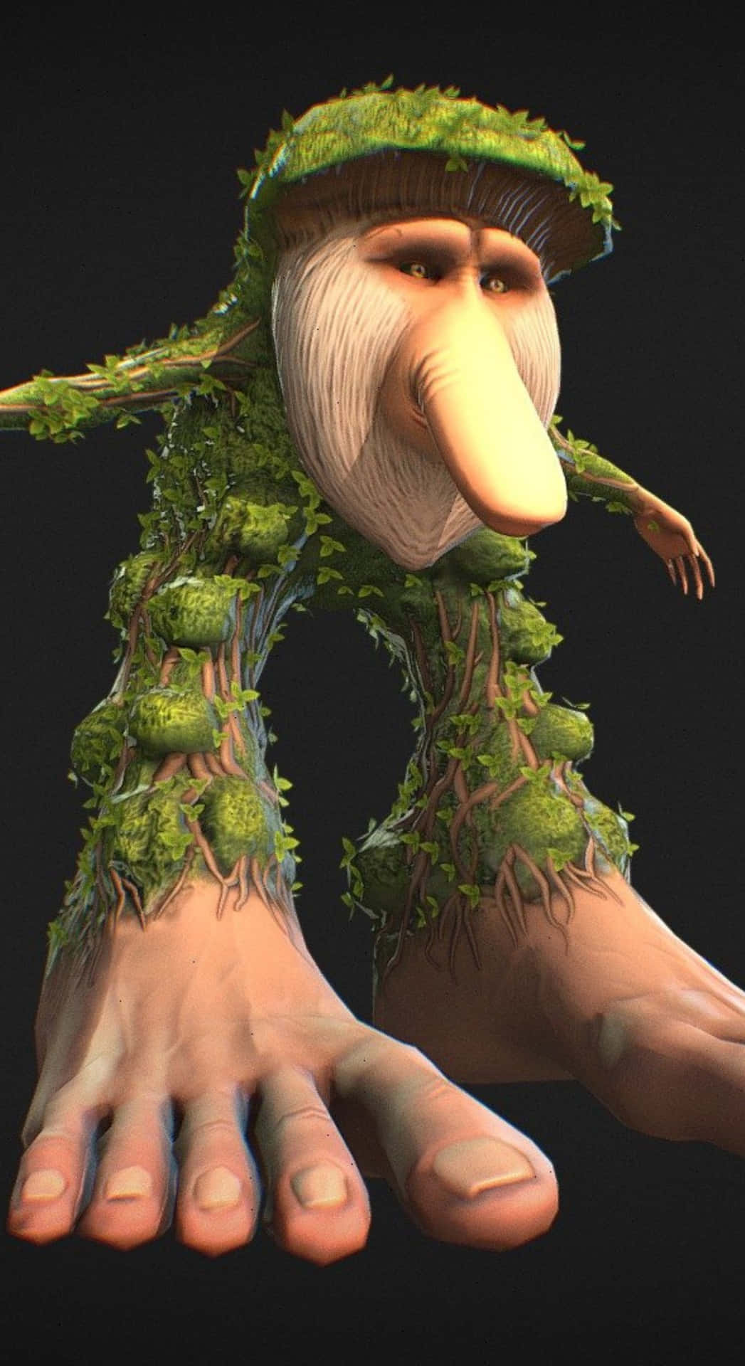  壁紙 — 一個異想天開的3D渲染森林精靈，頭部和四肢長出苔蘚綠色的藤蔓，背景為深色。