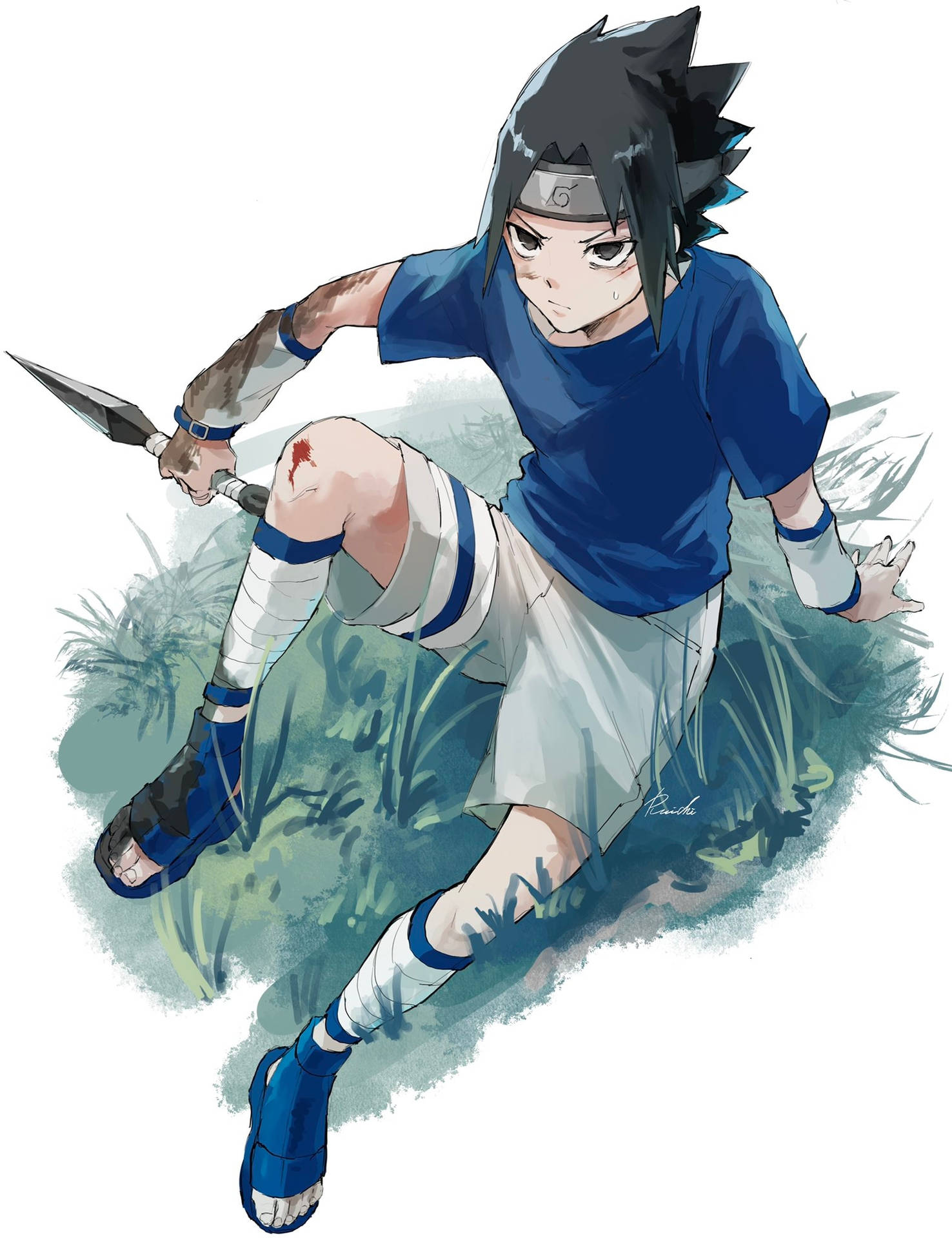 動漫忍者蹲在草地上，手持苦無，膝蓋受傷。 — Sasuke 壁紙