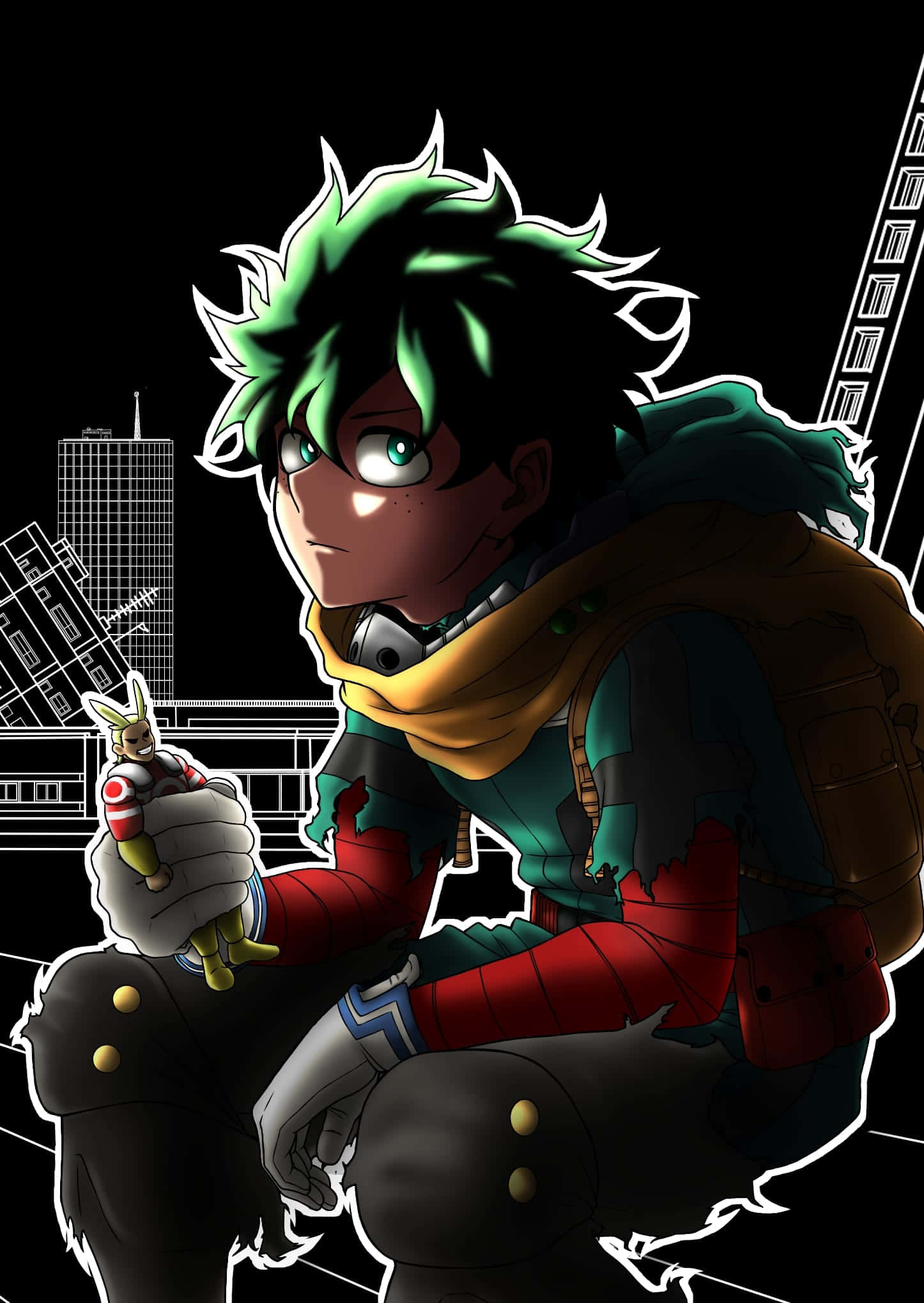 Dark Deku 桌布 壁紙 — 一個意志堅定的動漫英雄，擁有綠色頭髮和發光的眼睛，在嚴峻的黑色城市景觀背景下拿著一個小玩具。