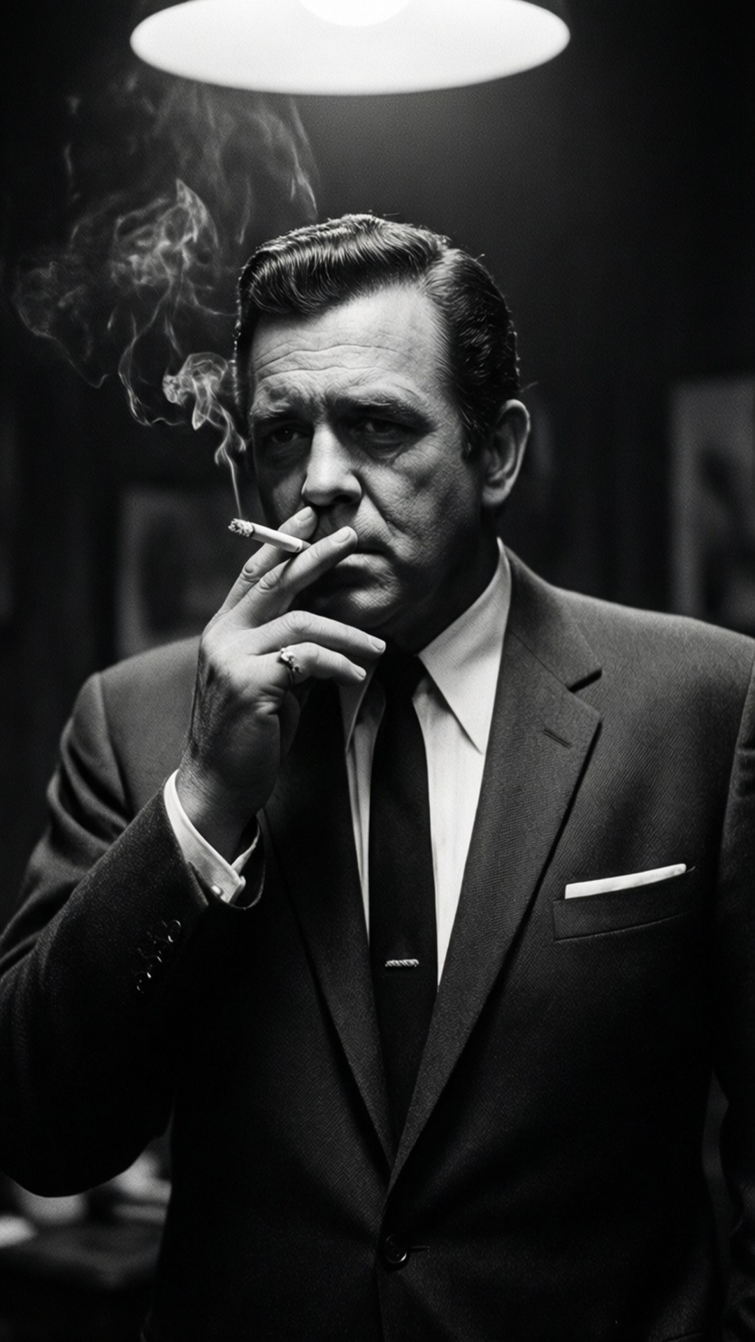 Moody Noir Portrait 壁紙 — 一個衣著講究、身穿西裝的男人，在昏暗的房間裡，頭頂一盞燈光下抽煙。