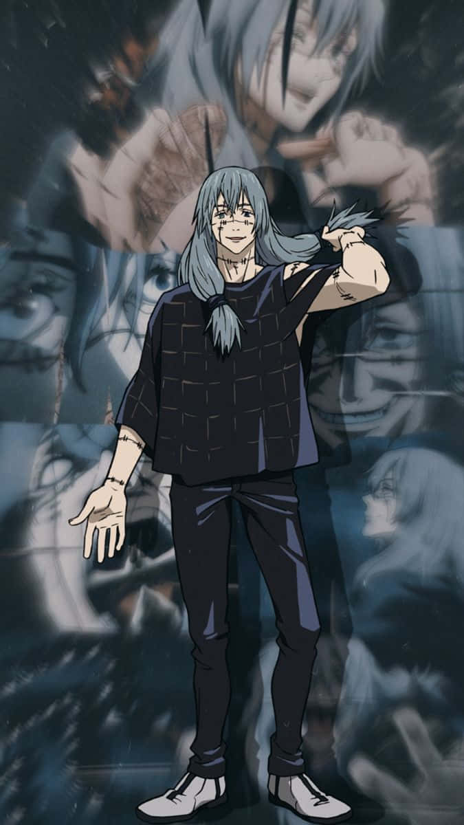  壁紙 — 一個銀髮動漫角色穿著黑色服裝，自信地站在多個幽靈面孔的模糊背景前。