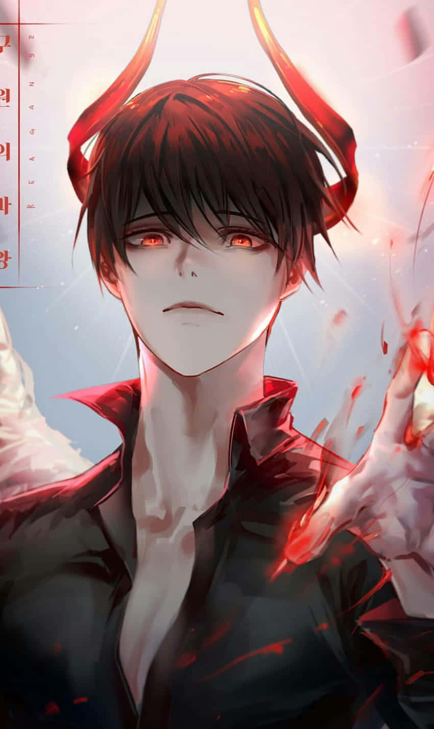  壁紙 — 一個引人注目的動漫男性，擁有紅色角、發光的眼睛和血跡，背景是柔和的光線。