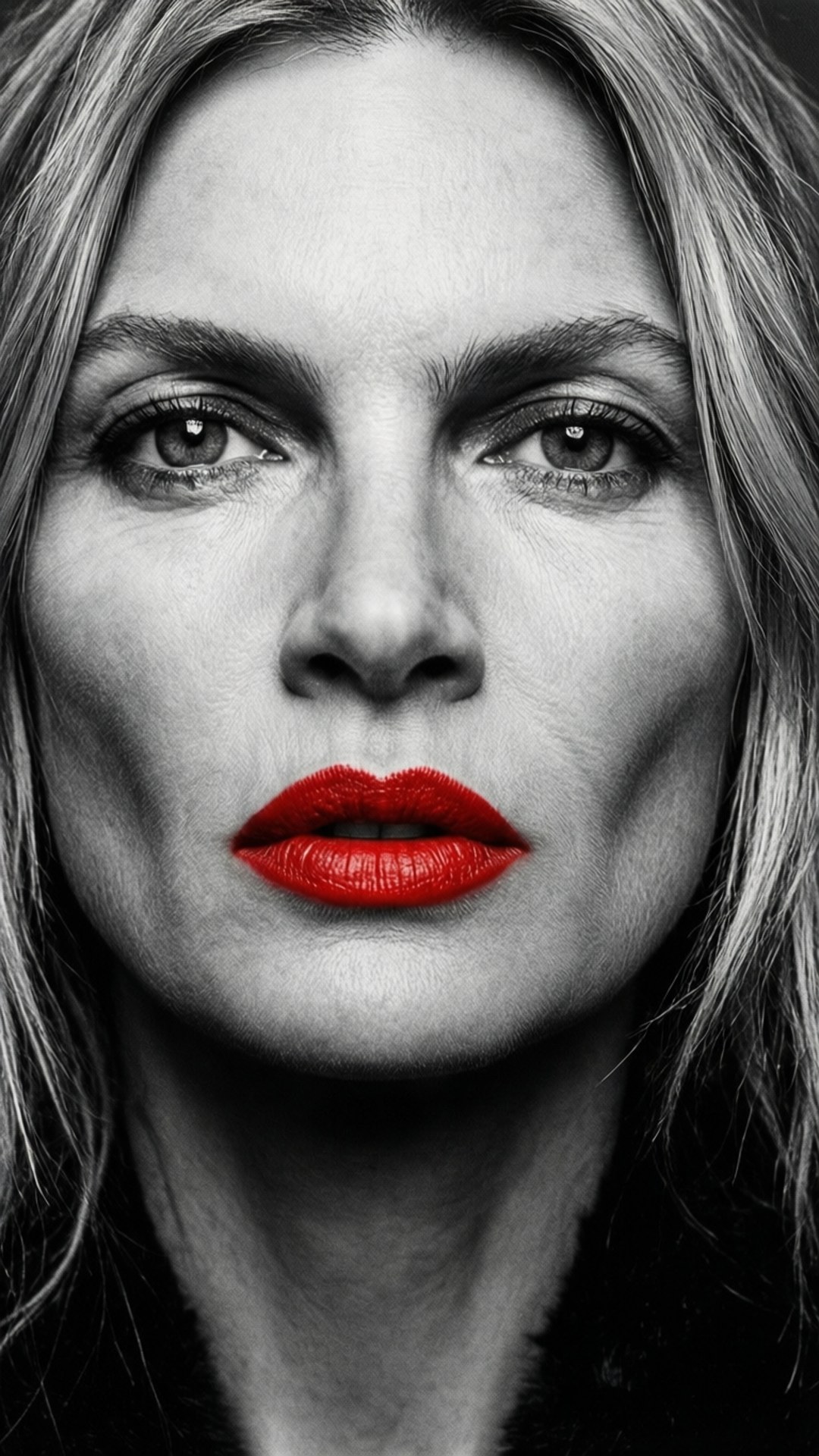 Red Lip Monochrome 壁紙 — 一個引人注目的黑白肖像，一位擁有鮮豔紅唇的女性直視鏡頭。