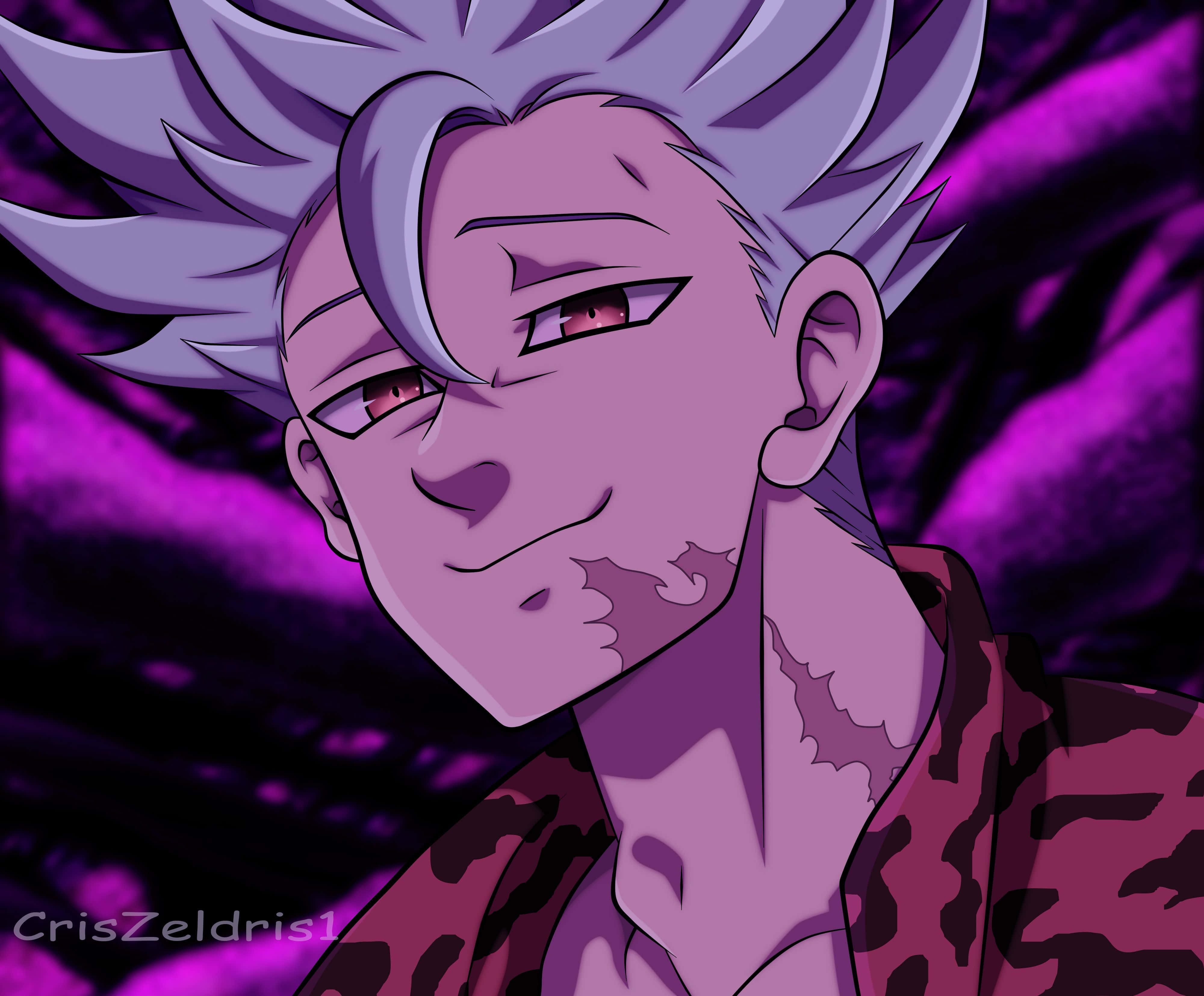 Seven Deadly Sins Ban 桌布 壁紙 — 一個銀色尖刺頭髮和紅色眼睛的動漫角色特寫，在旋轉的紫色背景中冷笑。