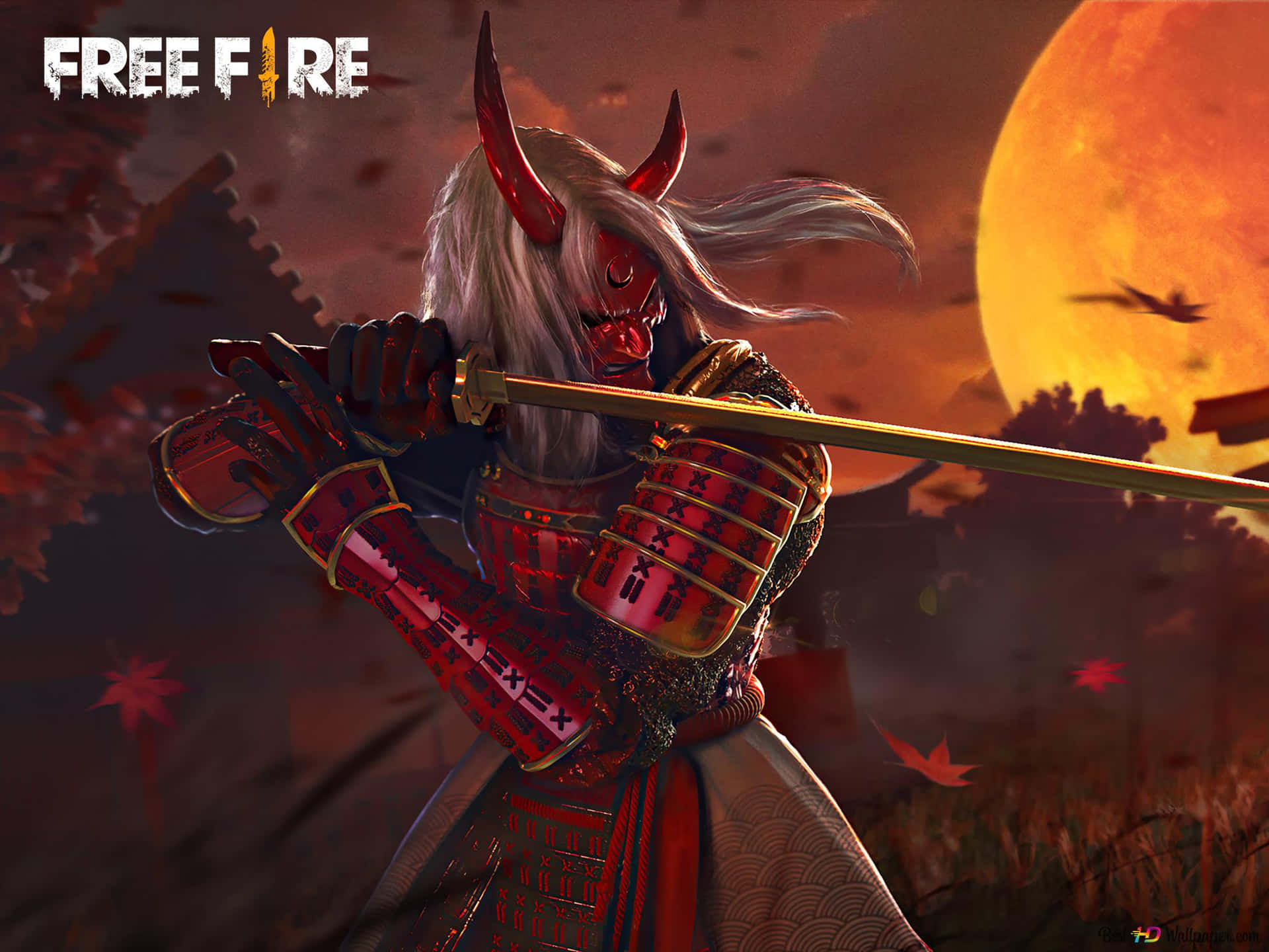 身穿紅色盔甲的惡魔武士戰士，在發光的橙色太陽下持劍。 — Free Fire 壁紙