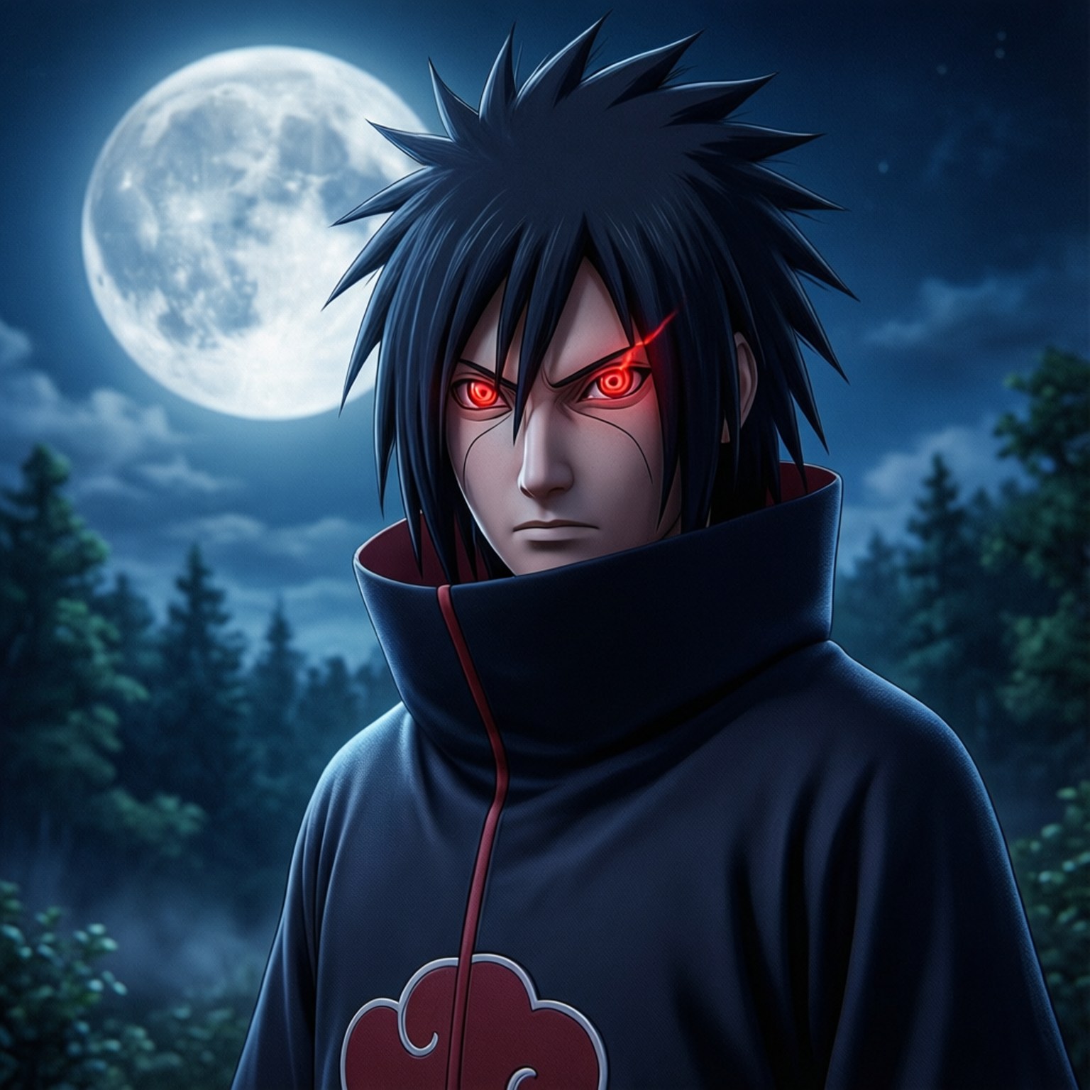Moonlit Mangekyo Sasuke 壁紙 — 一個擁有尖刺頭髮和發光紅眼的動漫角色，站在滿月下的黑暗森林中，穿著帶有紅色雲紋的黑色斗篷。
