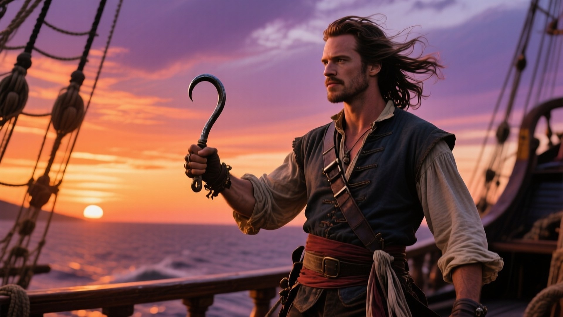 Hook at Sunset 壁紙 — 一個有鉤手的海盜站在日落時分的船甲板上，舉起他的鉤子，映襯著充滿活力的橙紫色天空。