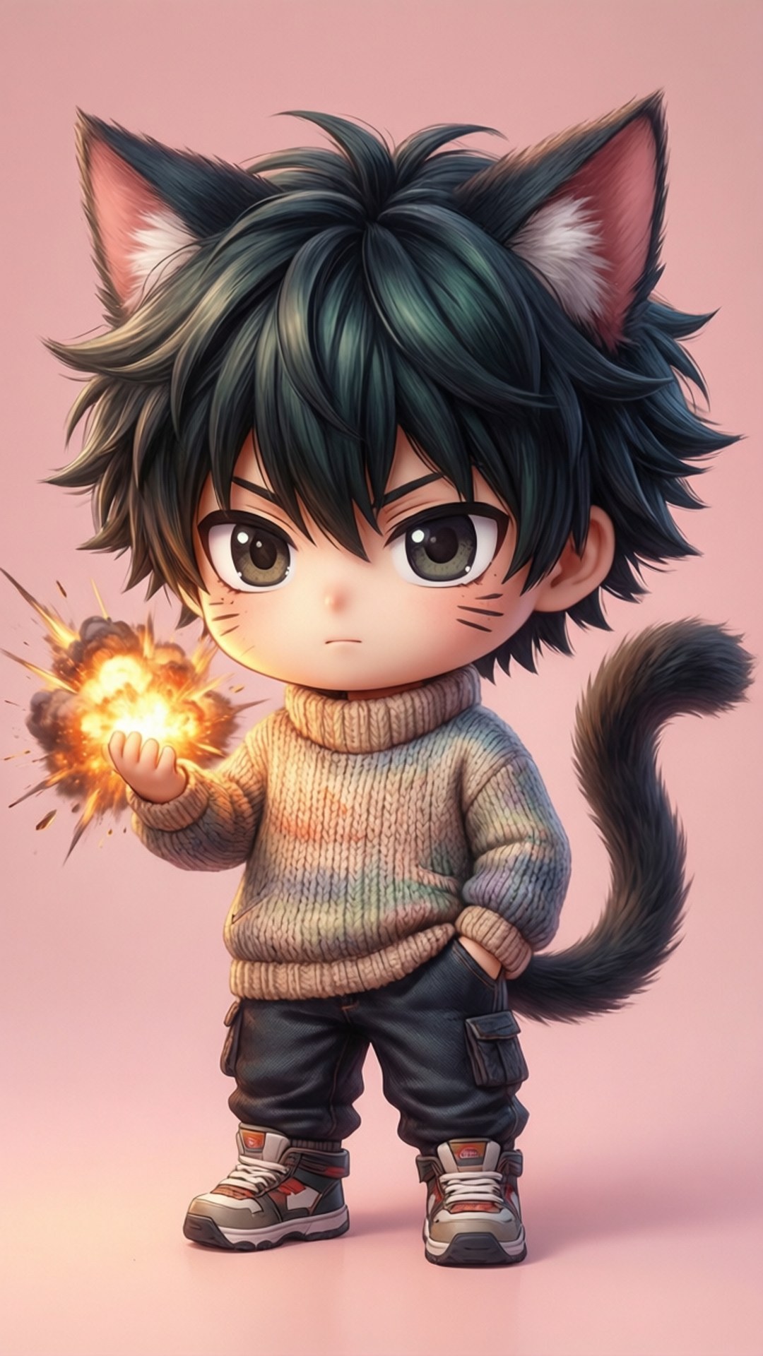 Cat Ears Chibi Bakugou 壁紙 — 一個有黑色貓耳和尾巴的Q版動畫男孩，在柔和的粉紅色背景前拿著一個發光的火球。