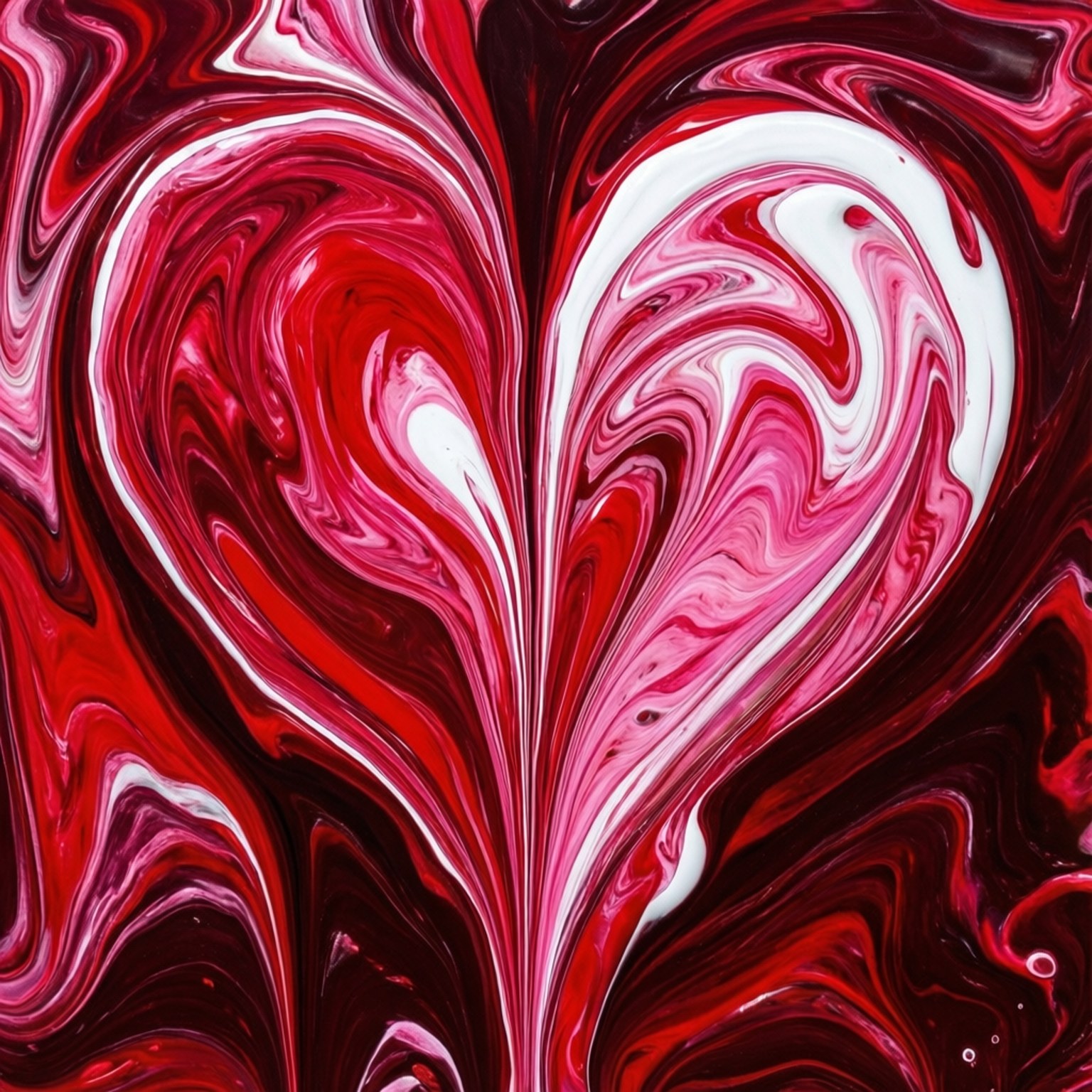 Fluid Art Heart 壁紙 — 一個由紅色、粉紅色和白色漩渦顏料形成的充滿活力的抽象心形，帶有光澤的流體運動。