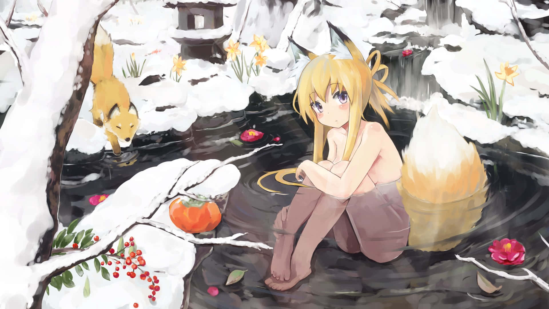  壁紙 — 一個有狐狸耳朵的動漫女孩坐在雪溪中，旁邊有一隻狐狸和秋花，被冬季景色包圍。