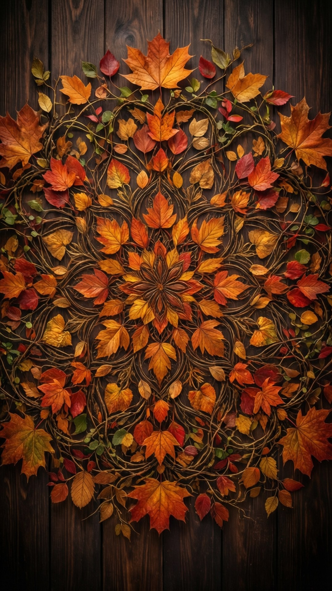 Autumn Leaf Mandala 壁紙 — 一個由火紅橙、紅和黃色的秋葉對稱排列在深色木板上形成的曼陀羅。
