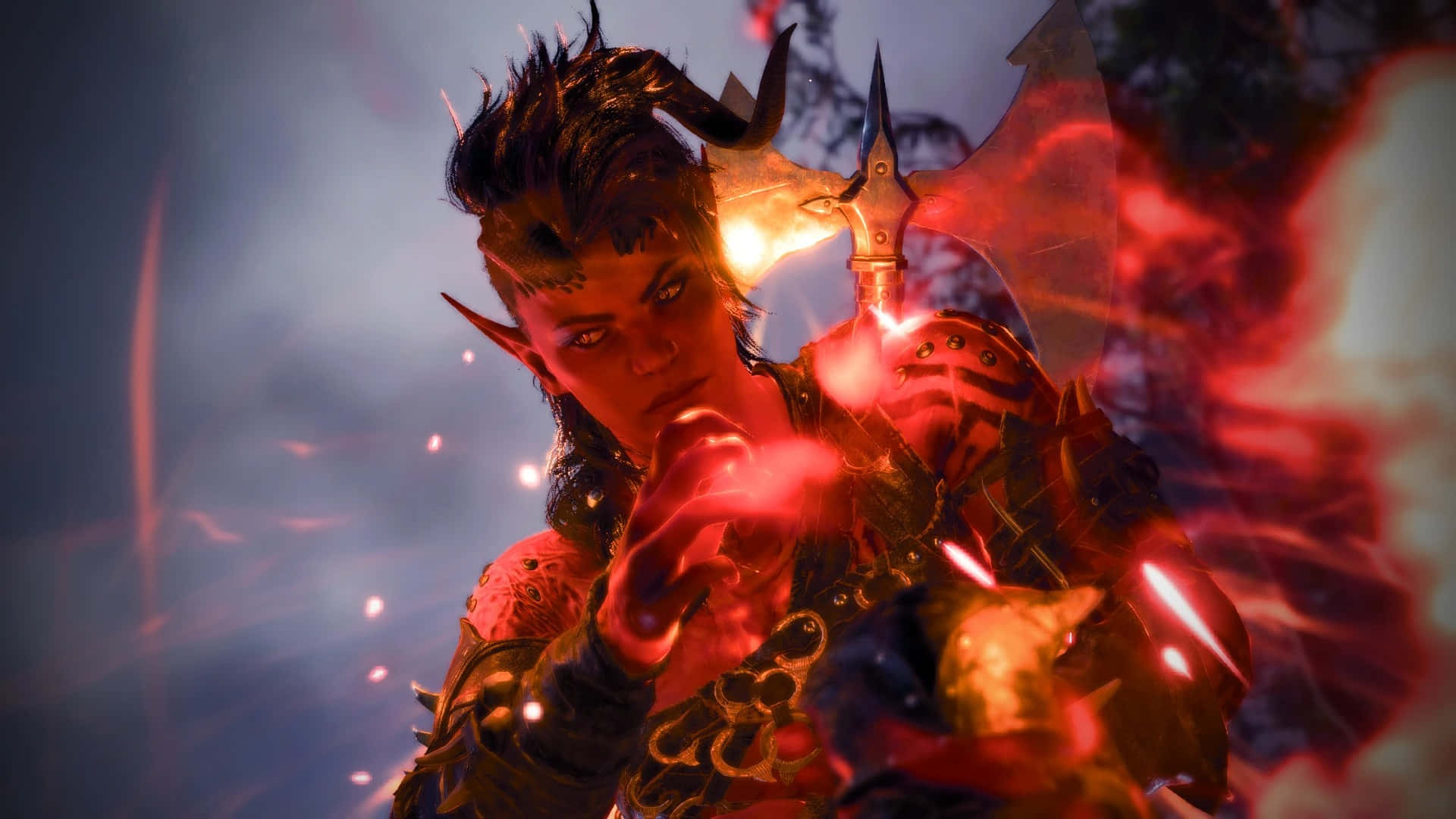  壁紙 — 一個有角和發光紅色能量通道的惡魔戰士，在黑暗神秘環境中揮舞火焰斧頭引導魔法。