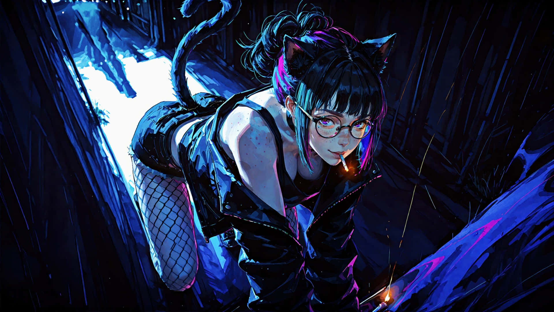  壁紙 — 一個有貓耳和尾巴的賽博龐克動漫女孩在夜晚霓虹燈閃爍的小巷裡抽煙。