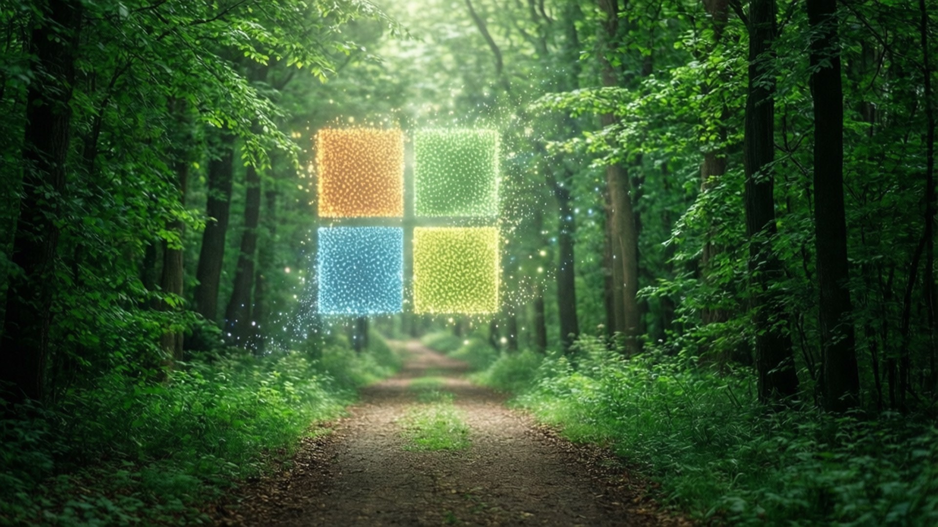 Enchanted Microsoft Forest 壁紙 — 一個由閃爍粒子組成的發光Microsoft Windows標誌懸浮在陽光明媚的森林小徑盡頭。