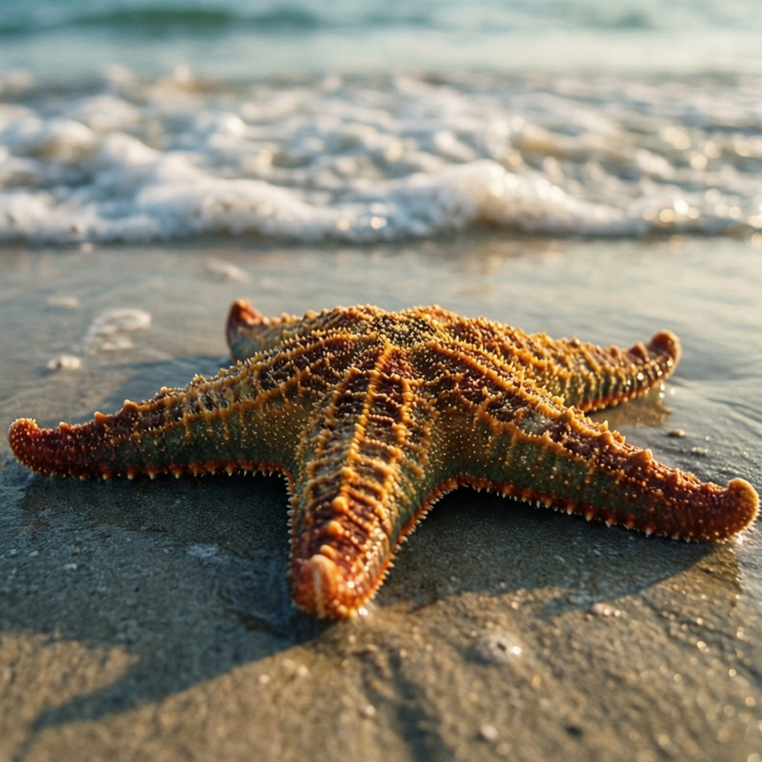 Starfish on the Shore 壁紙 — 一個有紋理的橙色和綠色海星躺在濕沙上，身後有溫和的海浪湧來。