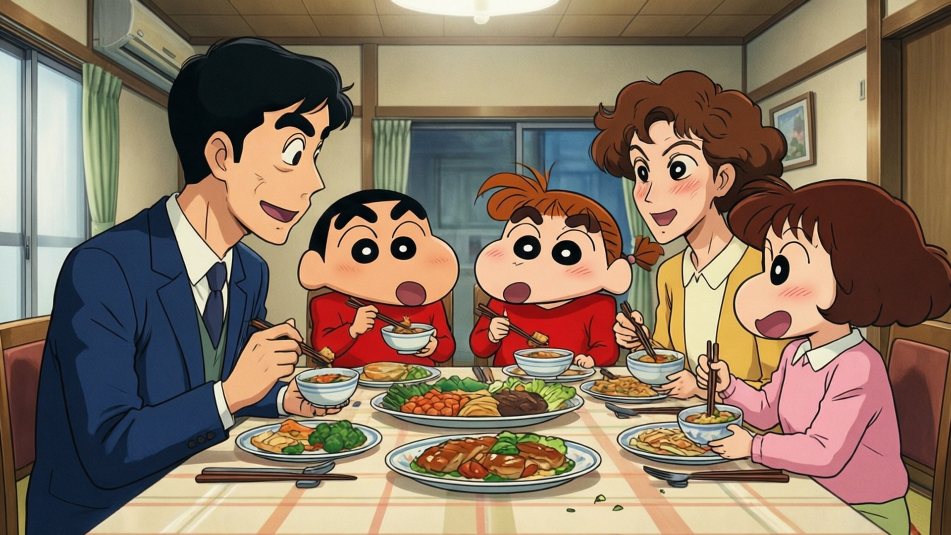 Family Dinner 壁紙 — 一個由五個動畫角色組成的家庭在充滿色彩繽紛食物的餐桌上愉快地一起用餐。