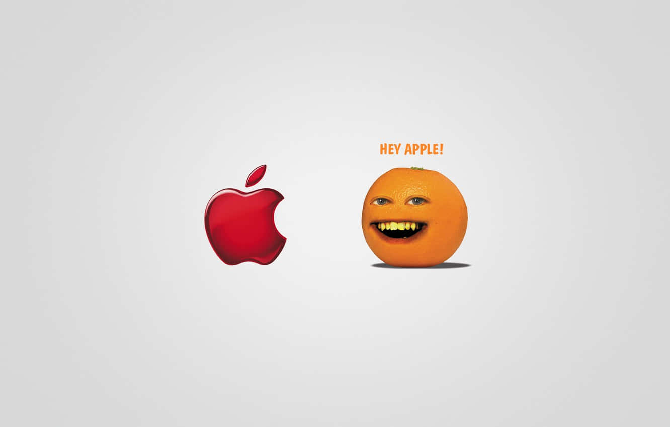 一個有臉和牙齒的柳橙對著紅色蘋果標誌大喊「hey apple」。 — Meme 壁紙