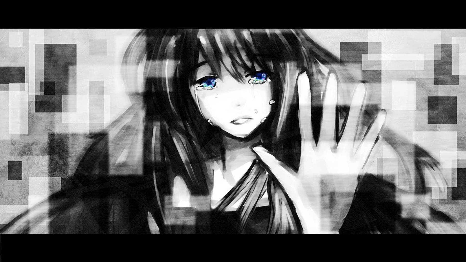 藍眼睛的動漫女孩在像素化玻璃屏障後哭泣。 — 4K 壁紙