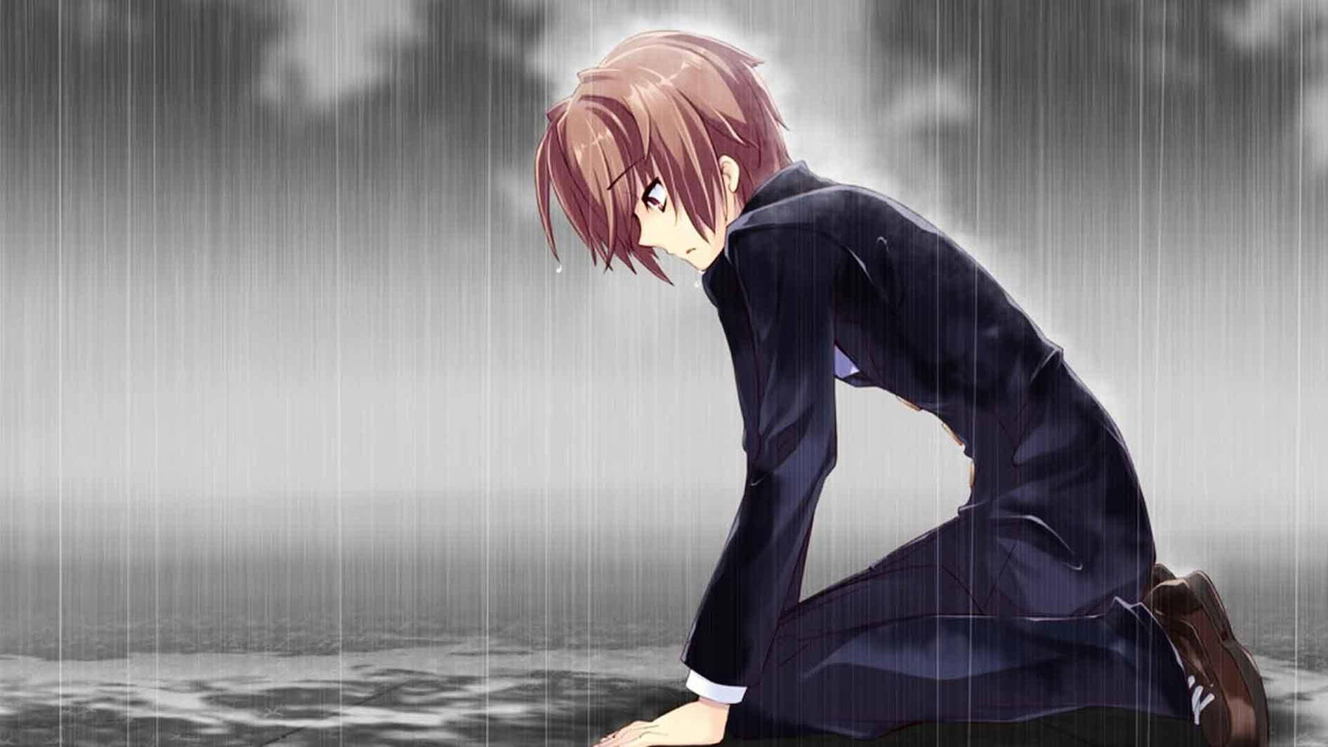 動漫少年跪在雨中，穿著深色校服，低頭不語 — 4K 壁紙