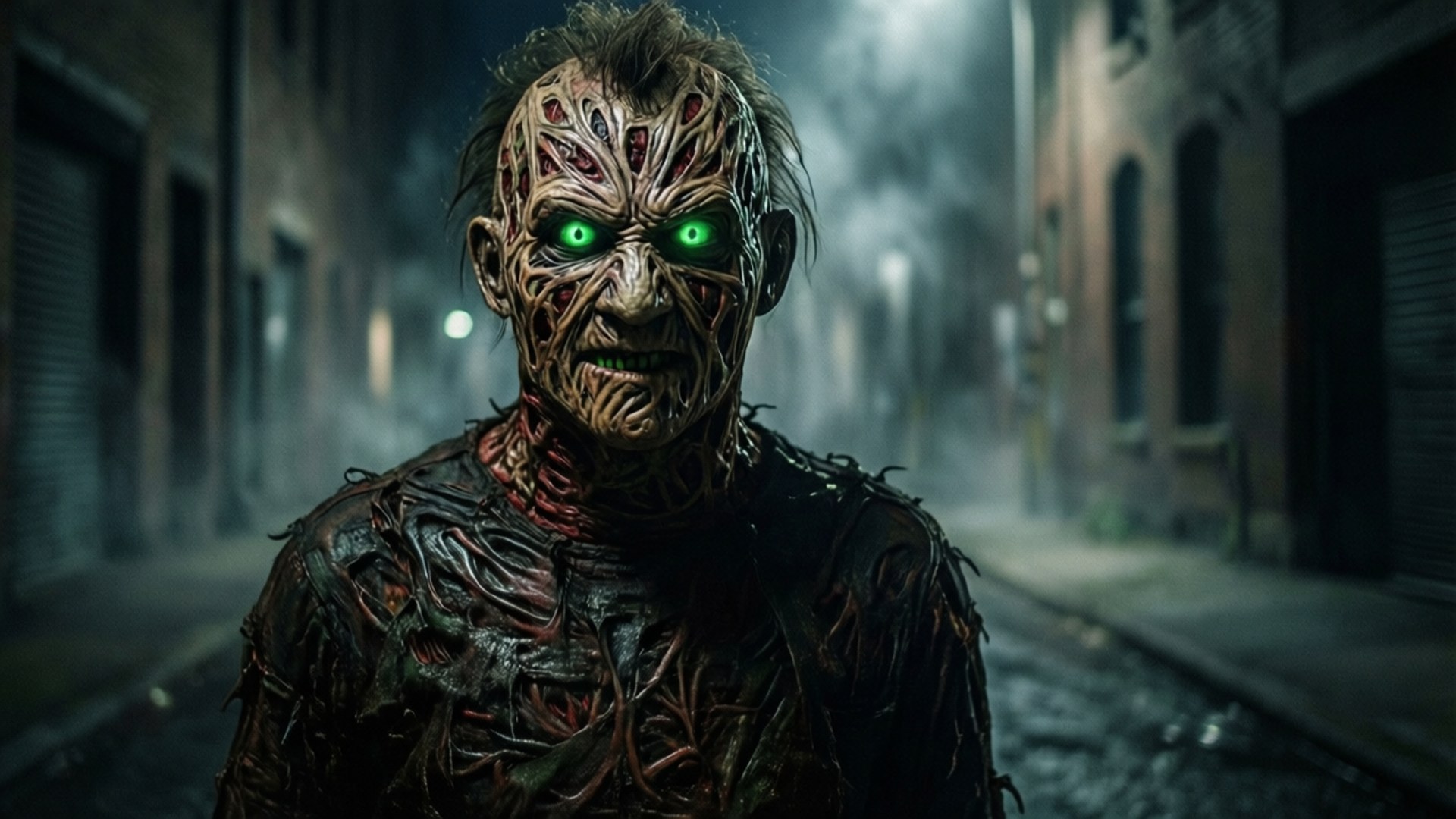 Freddy in the Dark Alley 壁紙 — 一個有著發光綠色眼睛和暴露血管的怪誕生物，在夜晚霧氣瀰漫的城市小巷中威嚇地站立著。