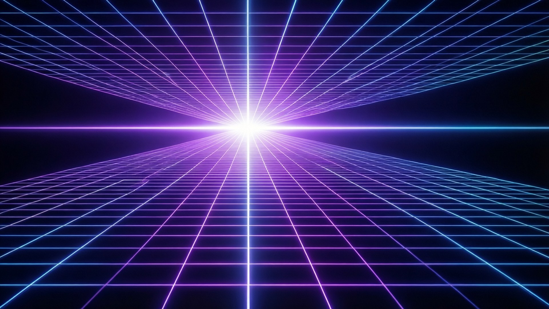 Neon Grid Infinity 壁紙 — 一個由紫色和藍色線條組成的發光霓虹網格，在黑暗虛空中向明亮的中心光點匯聚。