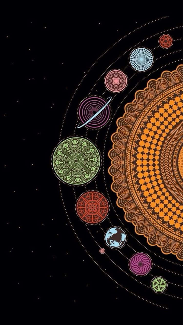  壁紙 — 一個宇宙曼陀羅，複雜的幾何行星圍繞著一顆巨大的橙色太陽，在繁星點點的黑色天空中運行。