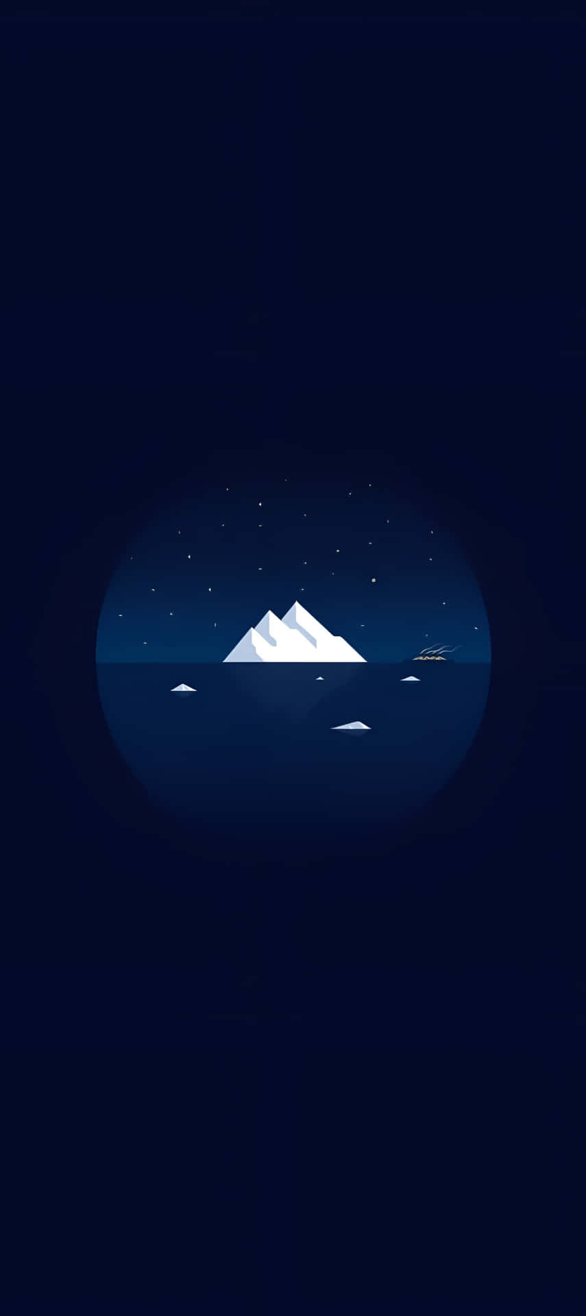  壁紙 — 一個圓形窗框內，星空下雪峰和小船的簡約景觀。