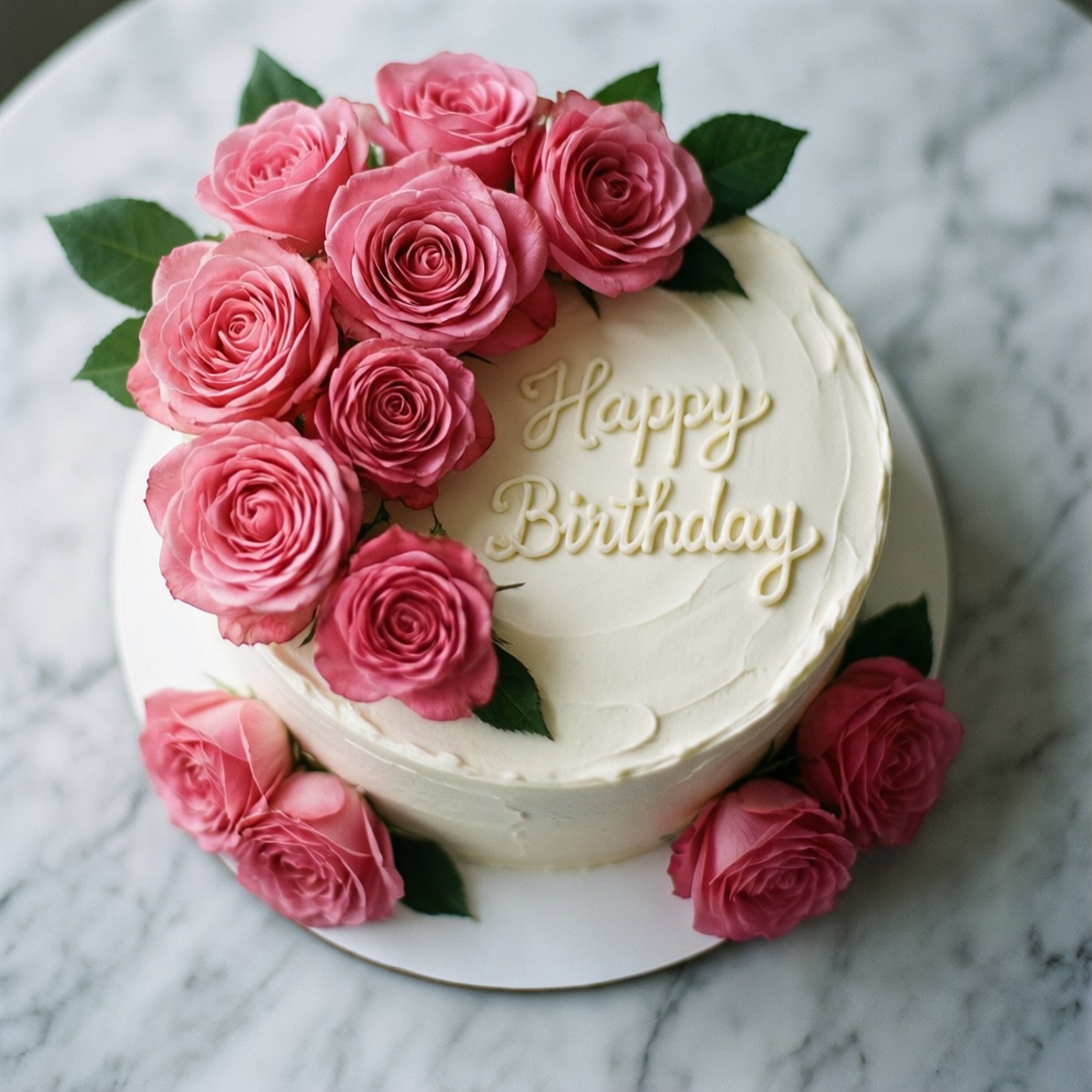 Rose Cake Birthday 壁紙 — 一個圓形的白色糖霜生日蛋糕，上面點綴著新鮮的粉紅玫瑰和綠葉，放在大理石表面上。