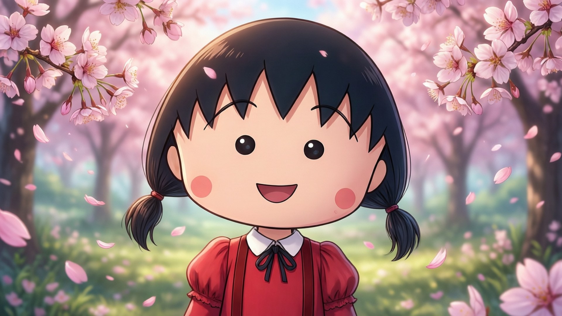 噗卡 桌布 壁紙 — 一個紮著雙馬尾的開朗動漫女孩，在春天的公園裡，在飄落的粉紅色櫻花下微笑。