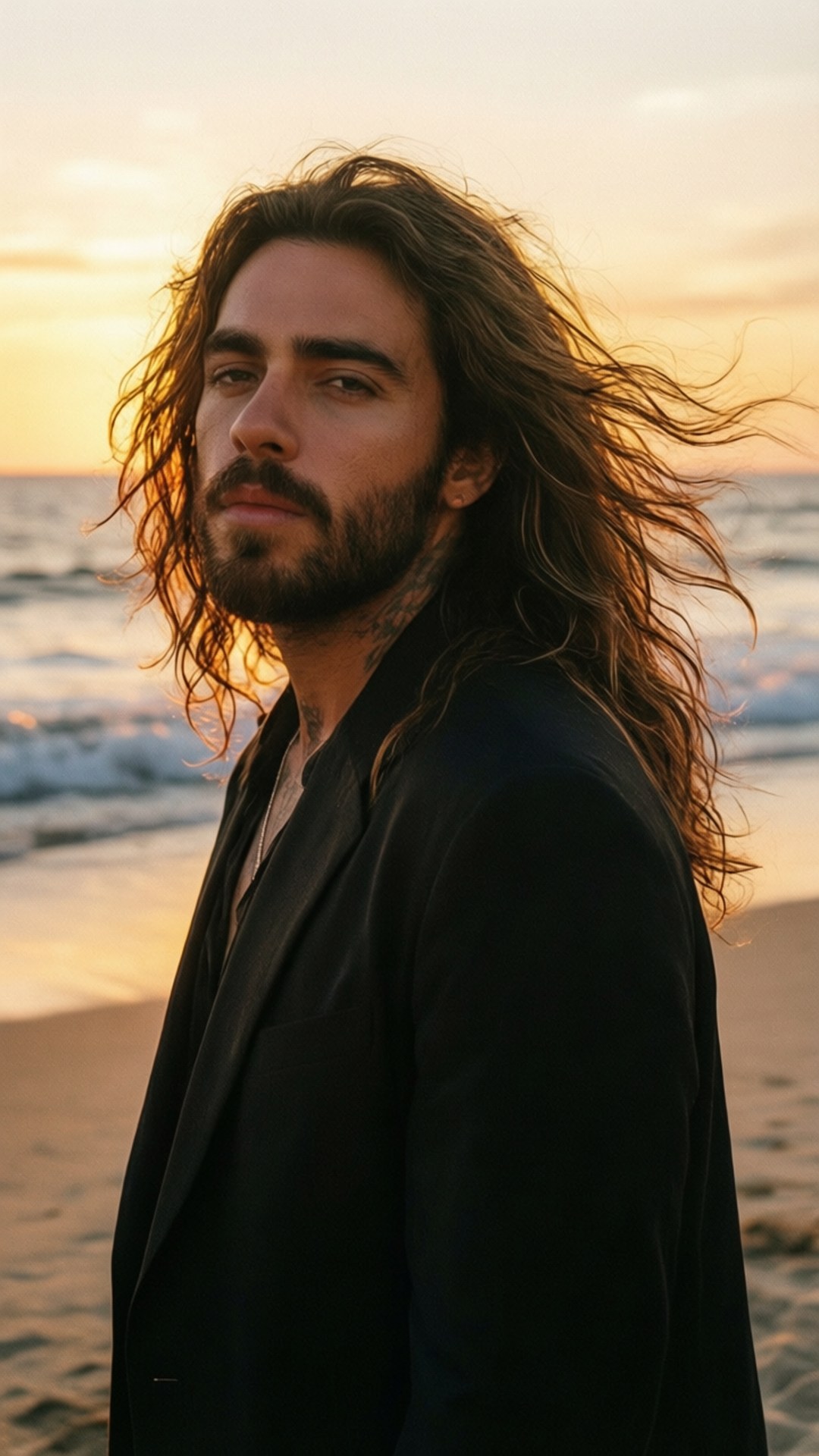 Beach Sunset Serenity 壁紙 — 一個長著長波浪頭髮和鬍鬚的男人站在日落時分的海灘上，穿著黑色西裝外套，身後海浪拍打。