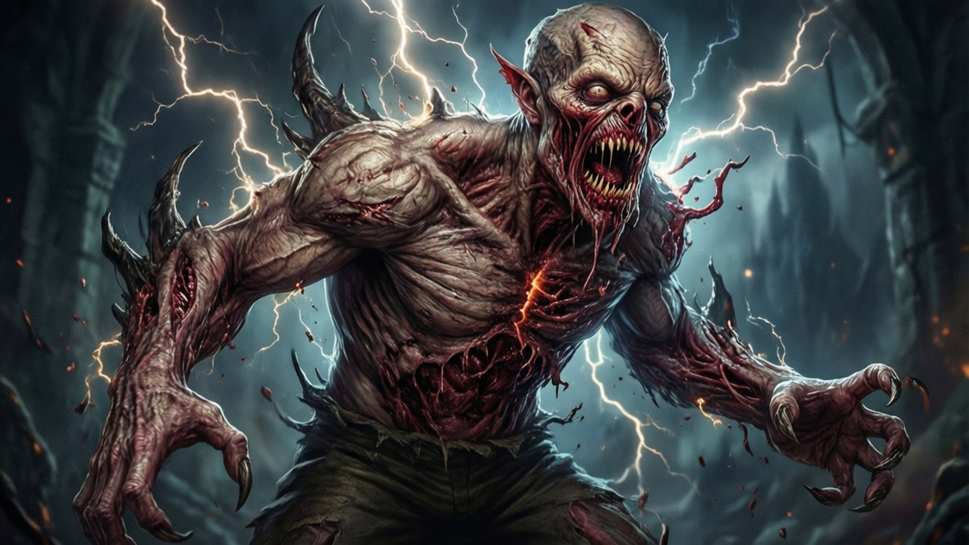 Abomination Unleashed 壁紙 — 一個長著角、眼睛發光、牙齒參差不齊的怪獸在黑暗的森林中，在噼啪作響的閃電中咆哮。