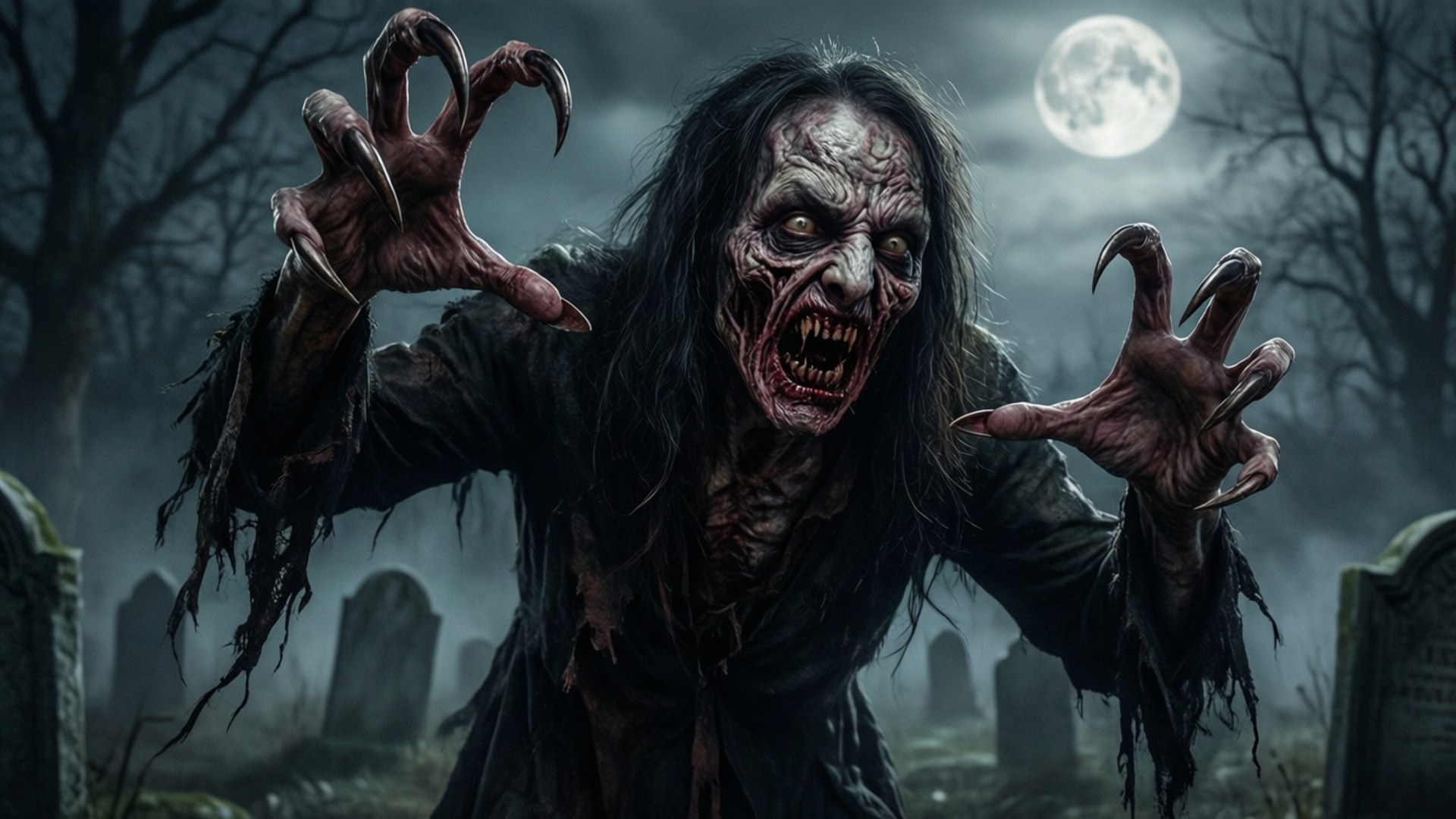 Revenant Terror 壁紙 — 一個長著利爪的怪異殭屍在滿月下的霧氣墓地中猛撲向前。