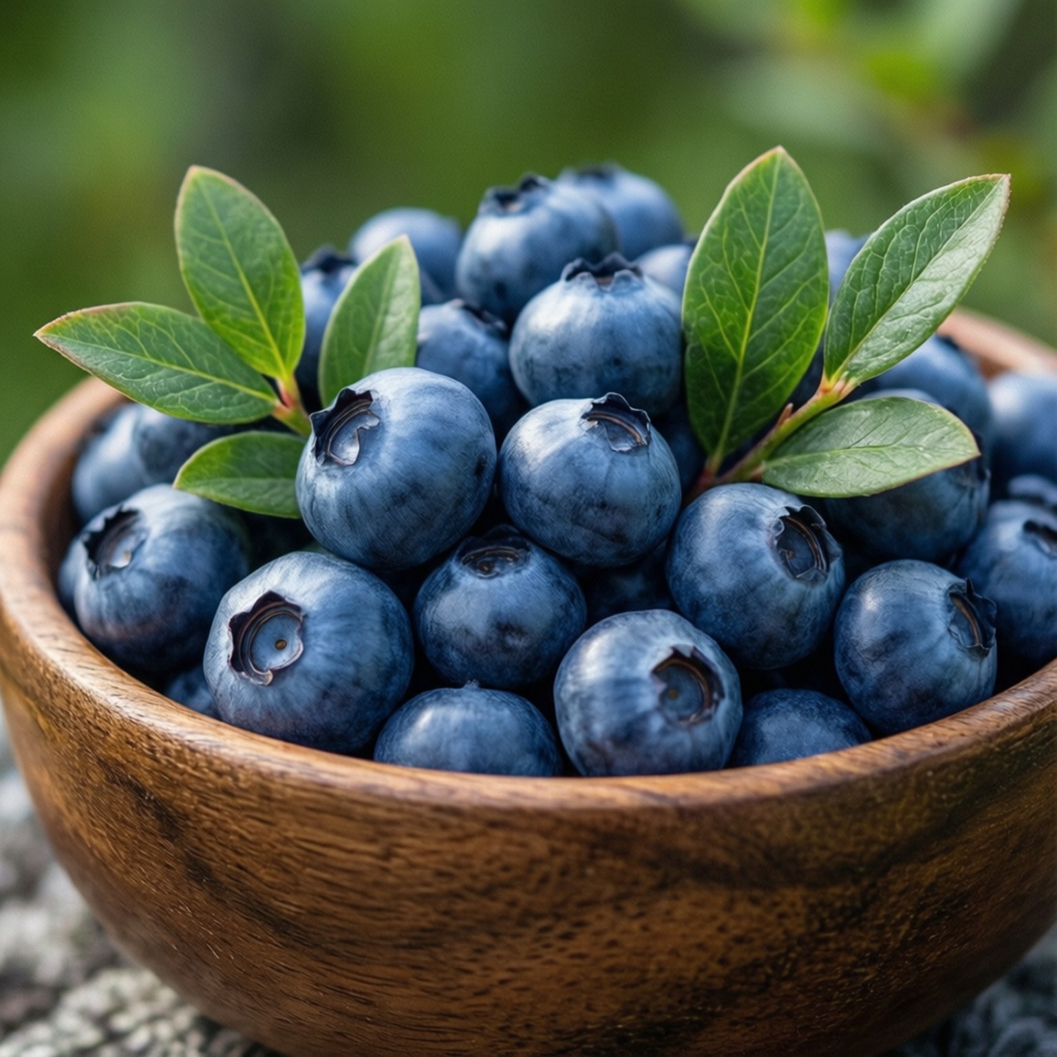 Finnish Wild Bilberries 壁紙 — 一個質樸的木碗，盛滿飽滿的藍莓和新鮮的綠葉，背景是柔和的模糊綠色。