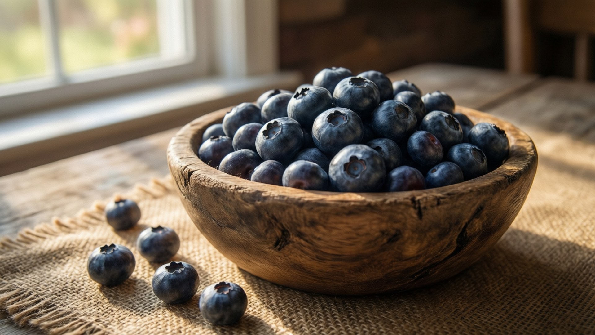 Rustic Blueberry Bowl 壁紙 — 一個質樸的木碗裝滿了飽滿的藍莓，放在陽光照射的窗邊的粗麻布上。