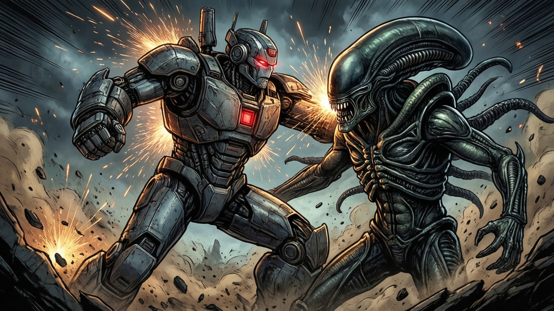 Robot vs Alien 壁紙 — 一個重裝甲機器人，雙眼發出紅光，在塵土飛揚的爆炸戰場上與一個生物機械外星人激烈交鋒。